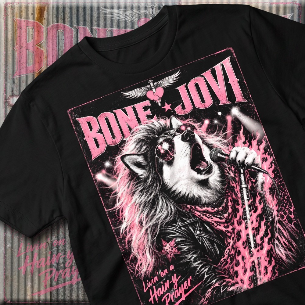 Bone Jovi – 80s Music Band Dog Parody Retro Hard Rock Grunge Styled T-Shirt