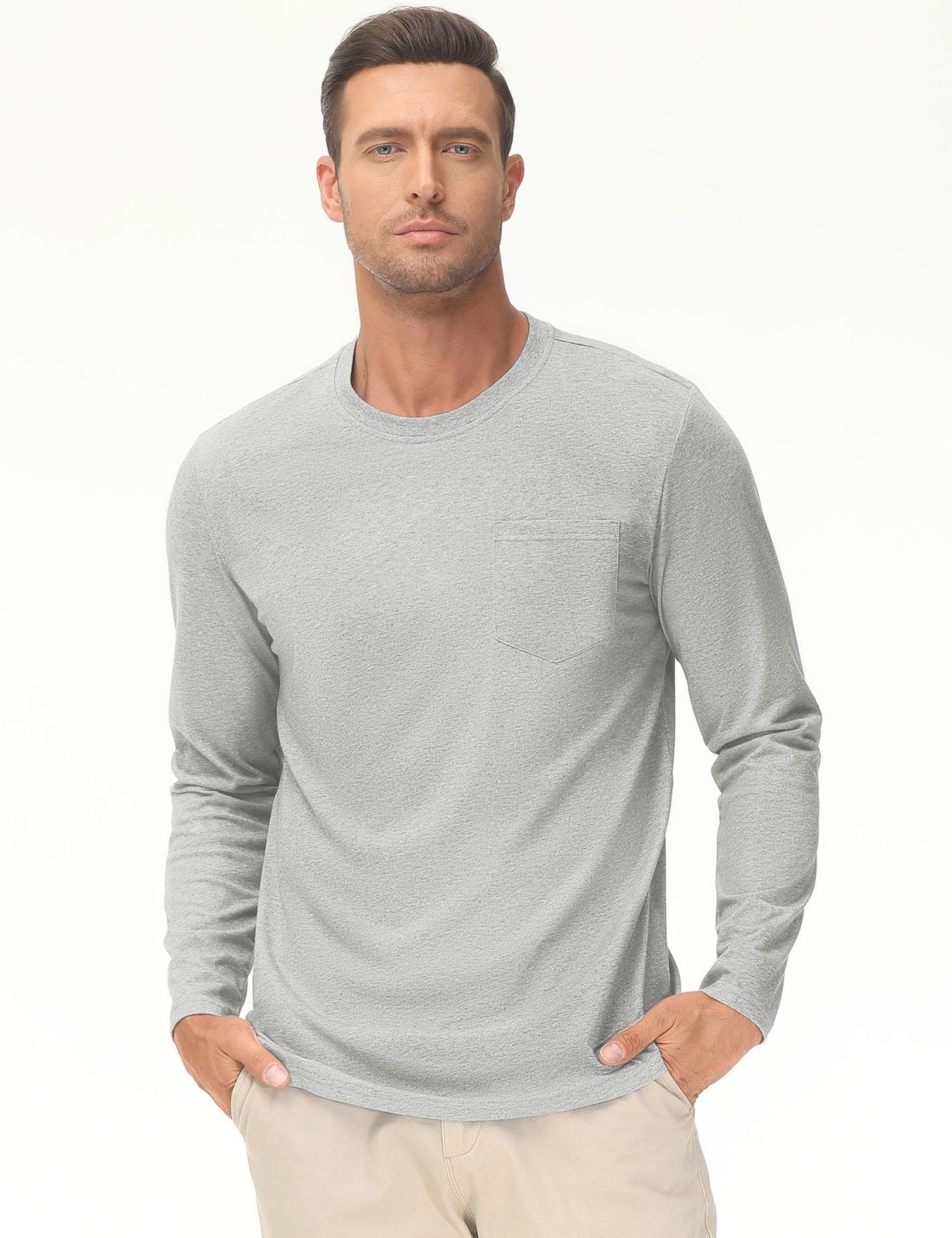 Men’s Casual Cotton Shirts Long Sleeve Crewneck Quick Dry Sport Plain T-Shirts