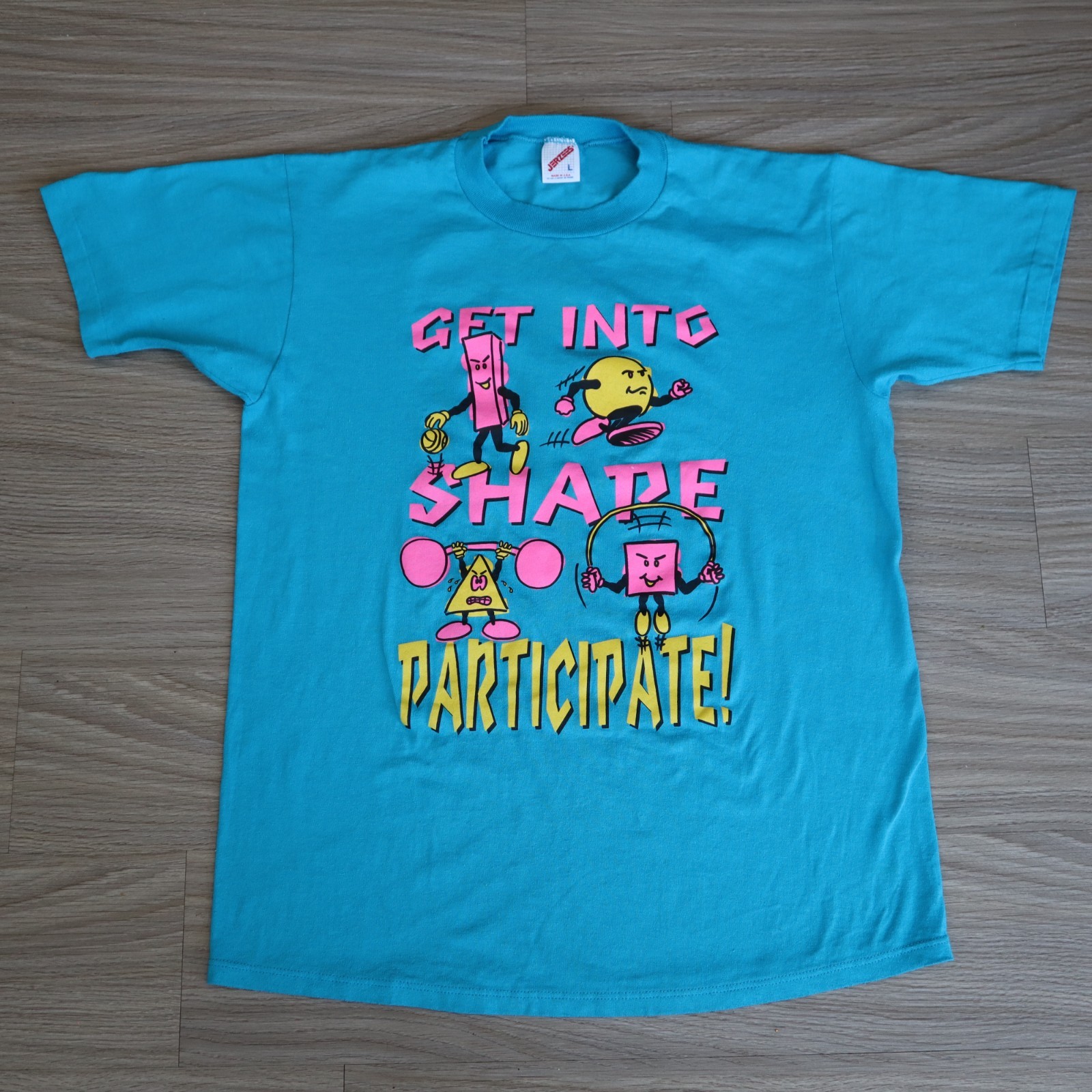 Vintage Exercise T-Shirt Single Stitch Large L Blue Turquoise Get into Shape Pun
