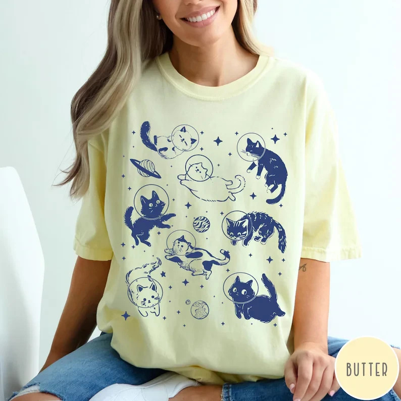 Cute Space Cat Tee Galaxy Kitten Graphic Shirt Celestial Themed Apparel