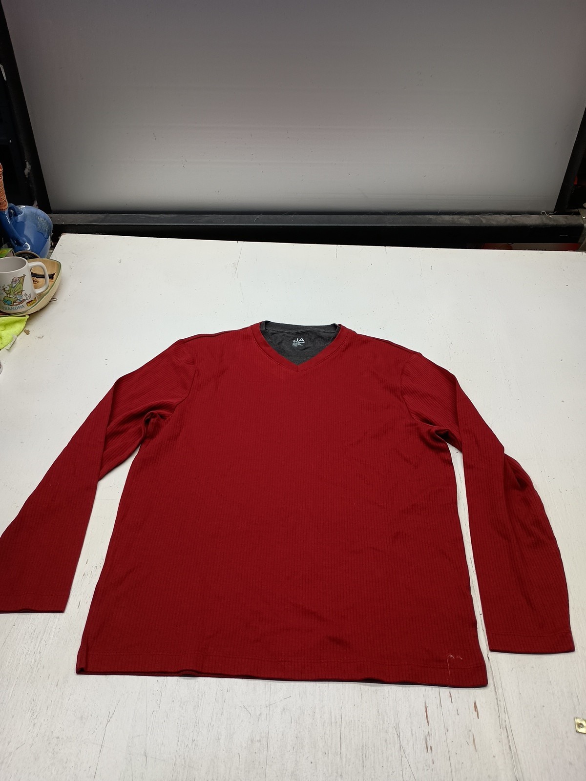 Mens John Ashford Red Gray Mock Vneck Long Sleeved shirt Size Large