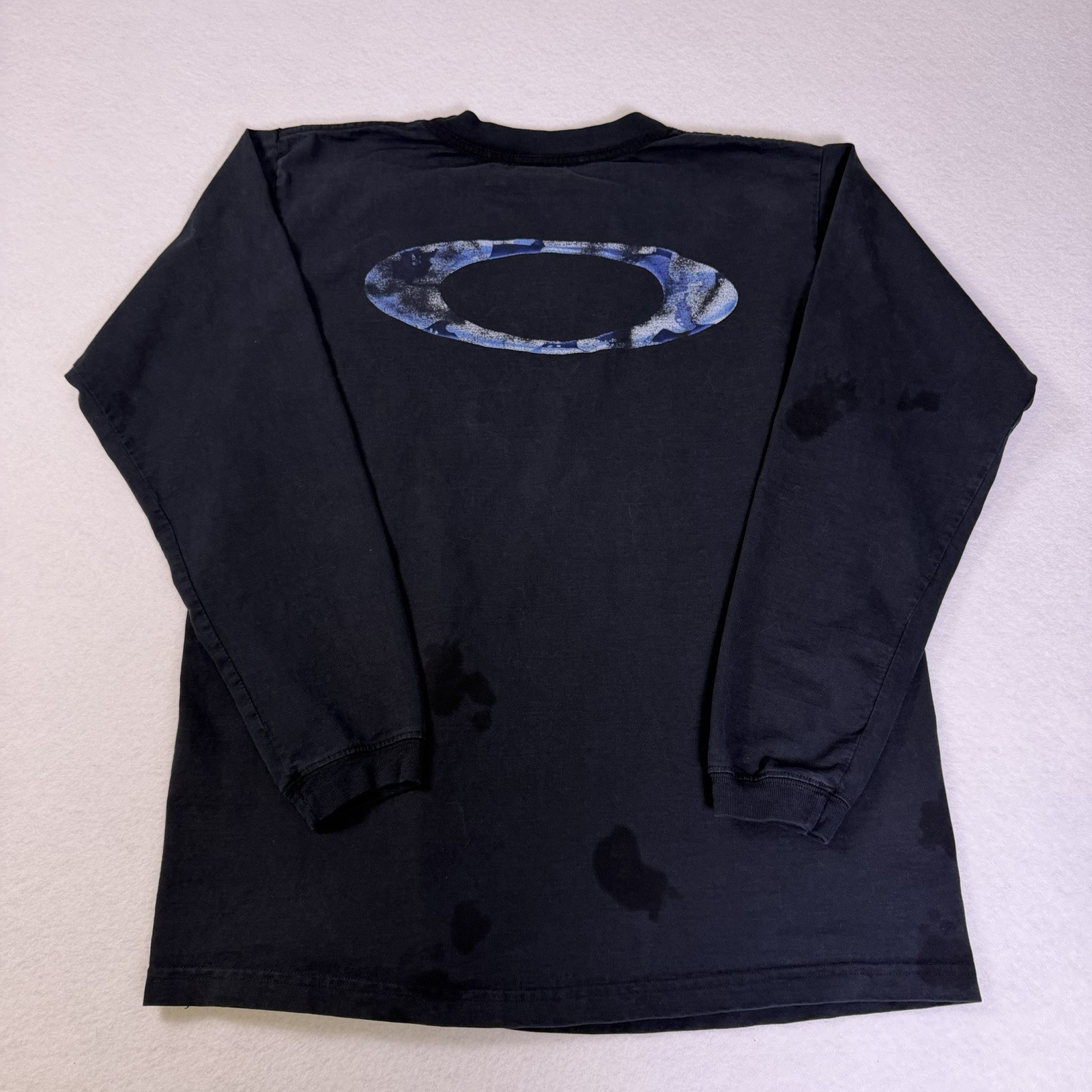Vintage Oakley Software Long Sleeve T Shirt Black Blue Camo Ellipse Logo Size L