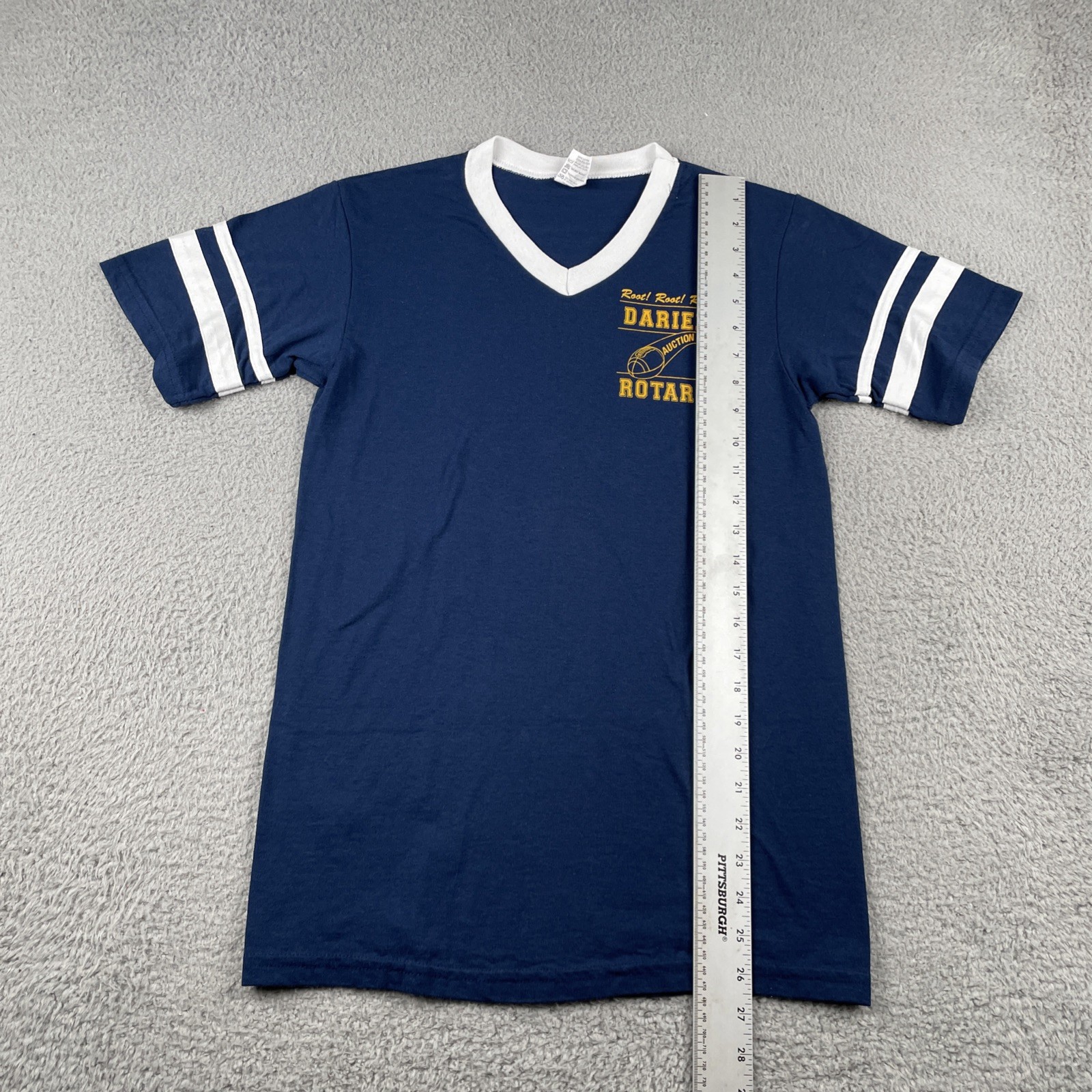 Vtg Augusta Sportswear Navy Blue Ringer V-Neck T Shirt Darien Rotary Club 90s