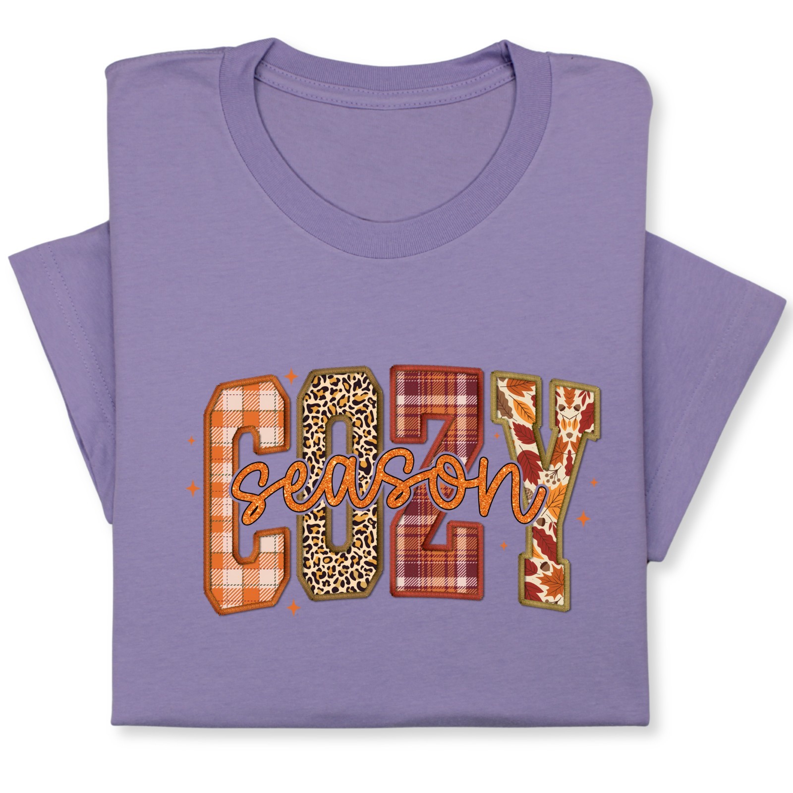 Cozy Season Fall T-Shirt – Autumn Plaid & Leopard Patchwork Tee