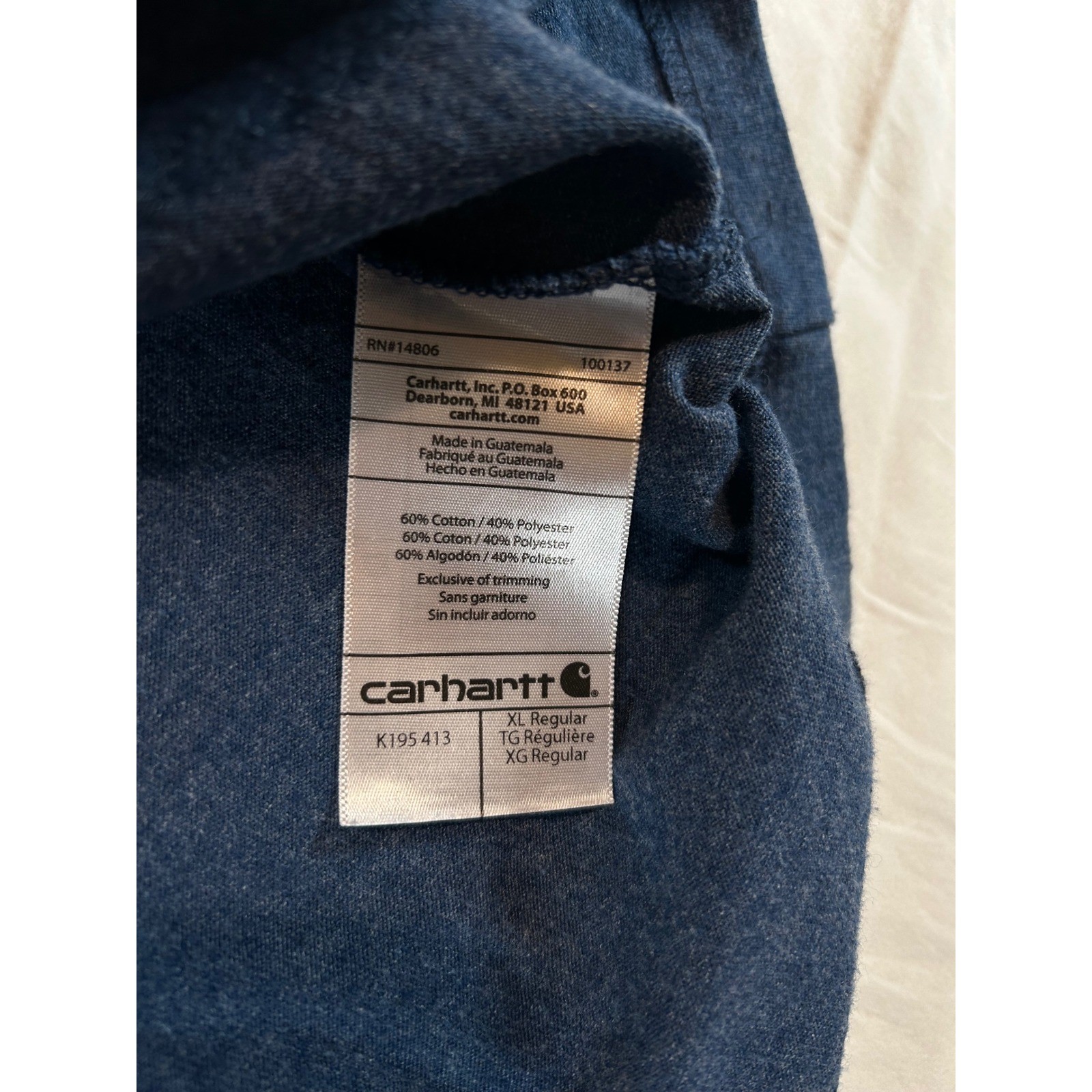 Carhartt Mens XL T-Shirt Navy Blue Heather Lime Green Logo Original Fit K195 413