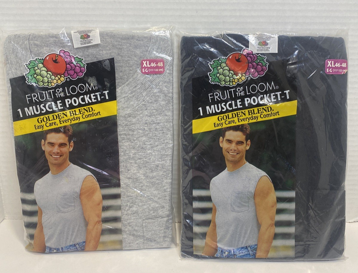Vintage 2001 Fruit of the Loom Mens XL Muscle Pocket T Shirt Black/Gray 2 Pack