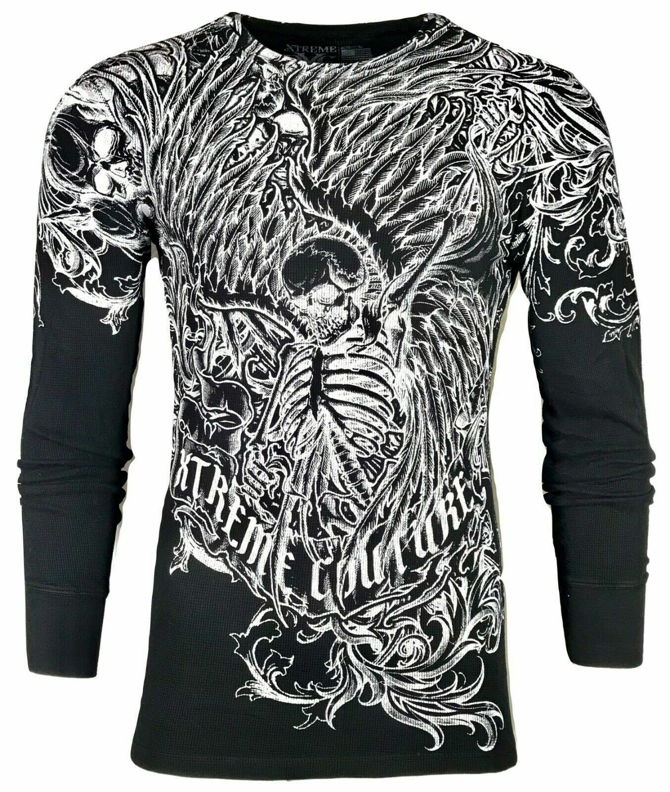 Xtreme Couture by Affliction Men’s Thermal Shirt ACCUSER Skull Biker MMA Black