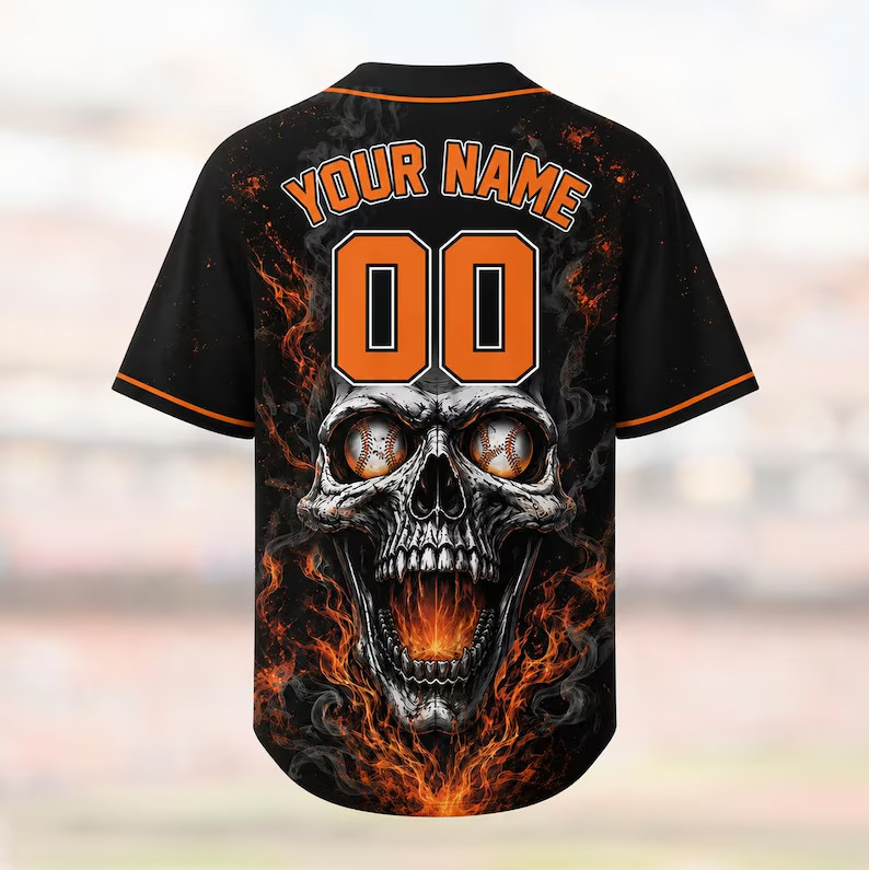 Custom Skull Baseball Player Fire Flag Jersey Personalized Name Number