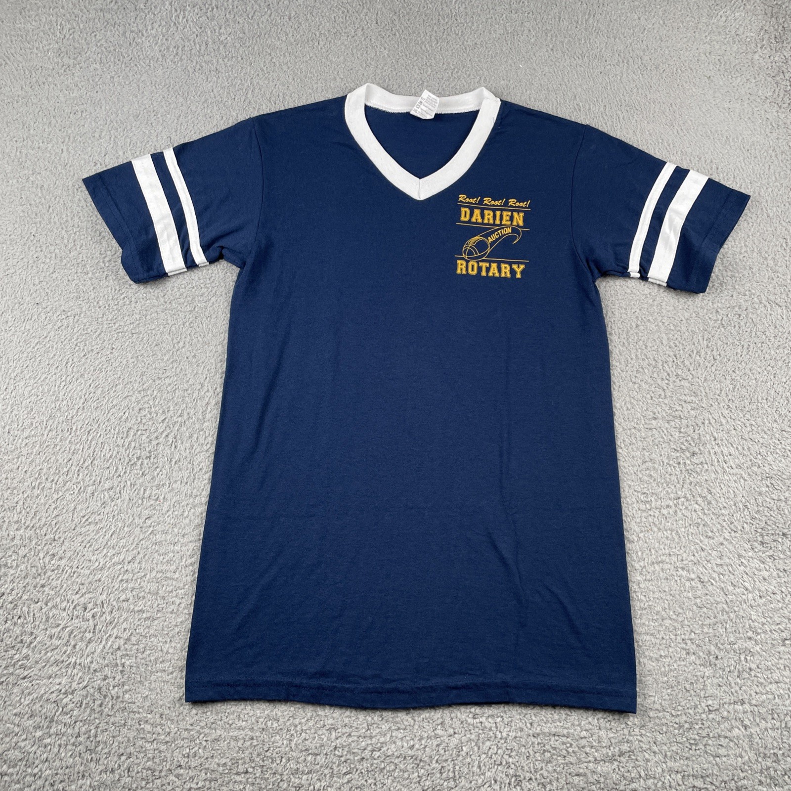 Vtg Augusta Sportswear Navy Blue Ringer V-Neck T Shirt Darien Rotary Club 90s