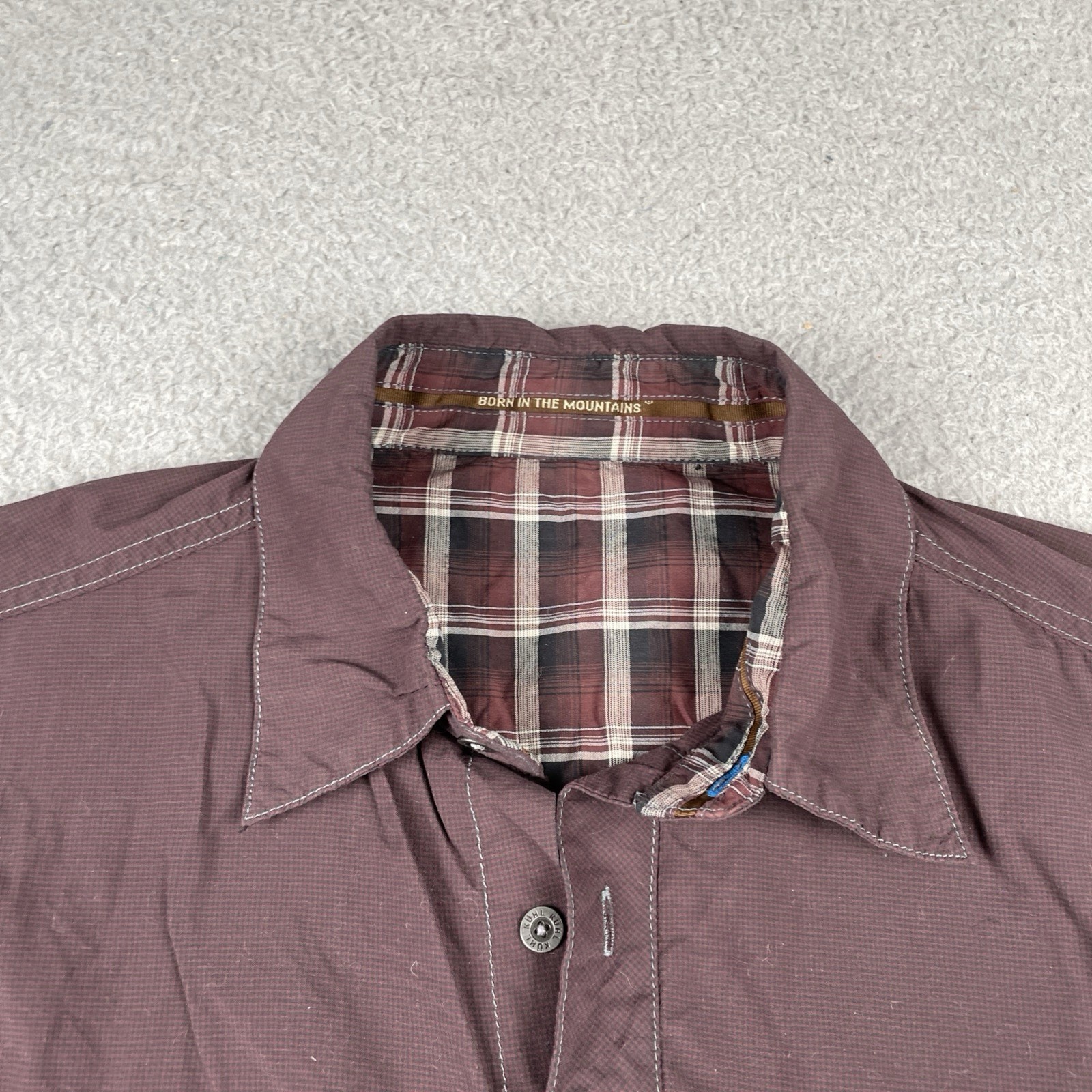 Kuhl Outdoors Button Up Pocket Adventure Shirt Micro Plaid Nylon Medium Maroon
