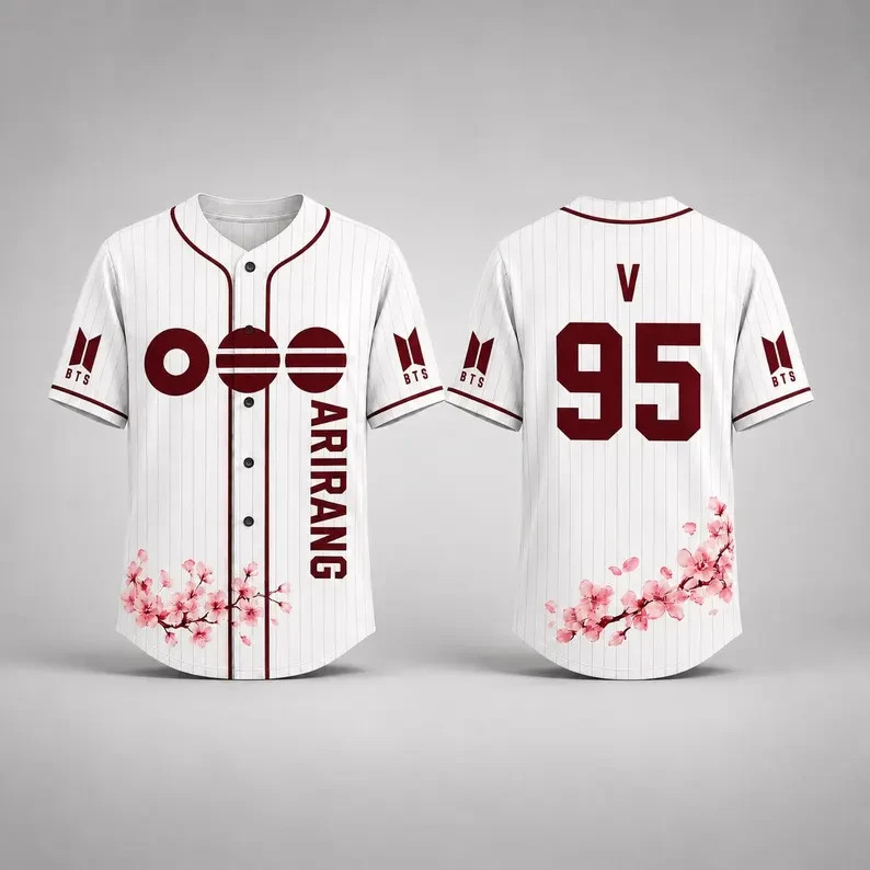 White Maroon Pinstripe Cherry Blossom Kpop Baseball Jersey Shirt Number 92 Top