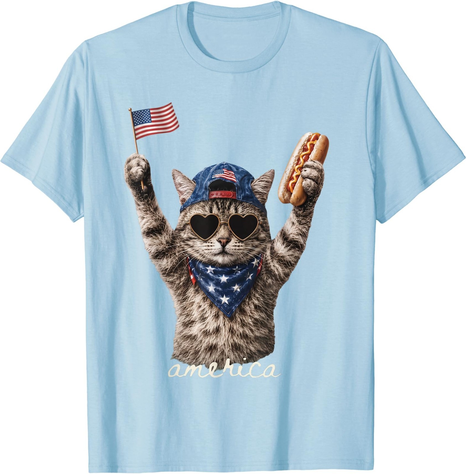 Retro Funny America Cat Hot Dog Lovers Patriotic US Flag T-Shirt