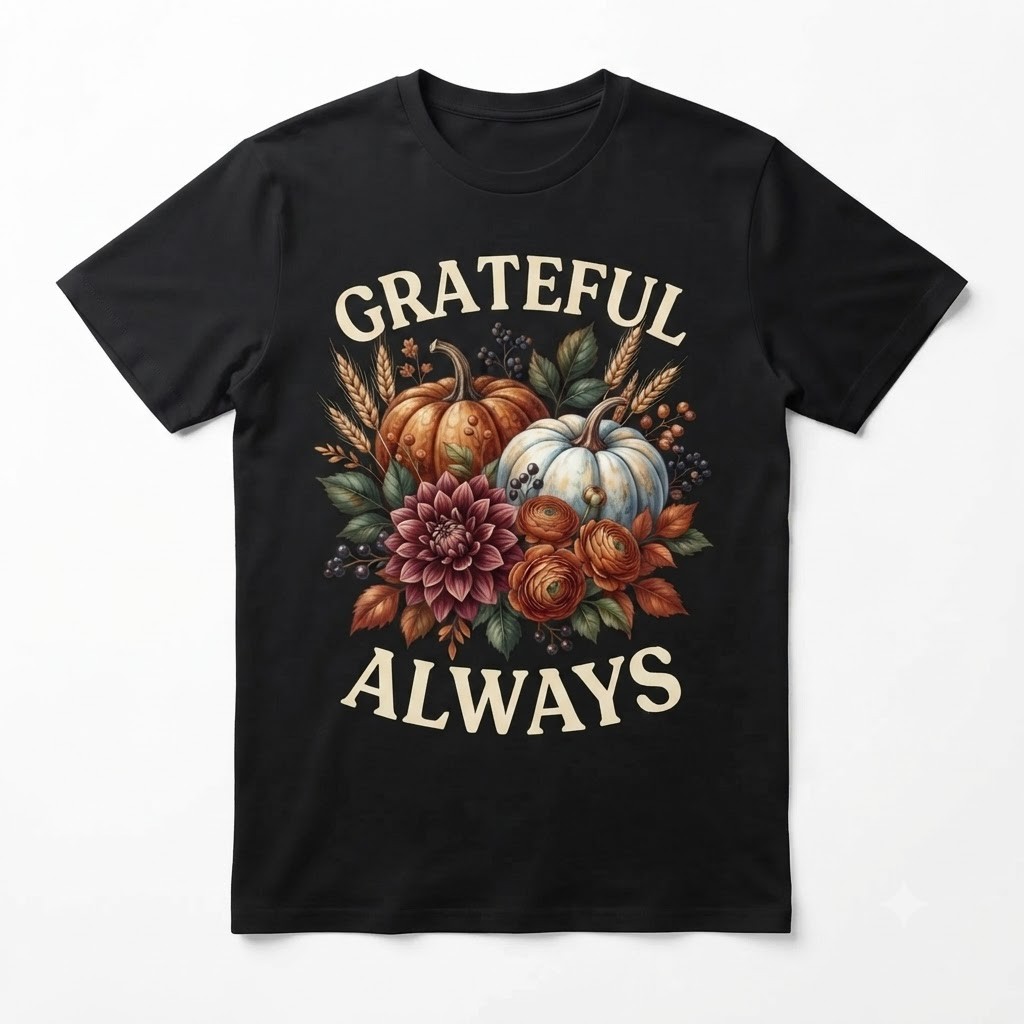 Grateful Always Thanksgiving Autumn Fall Harvest Pumpkins Flowers T-shirt