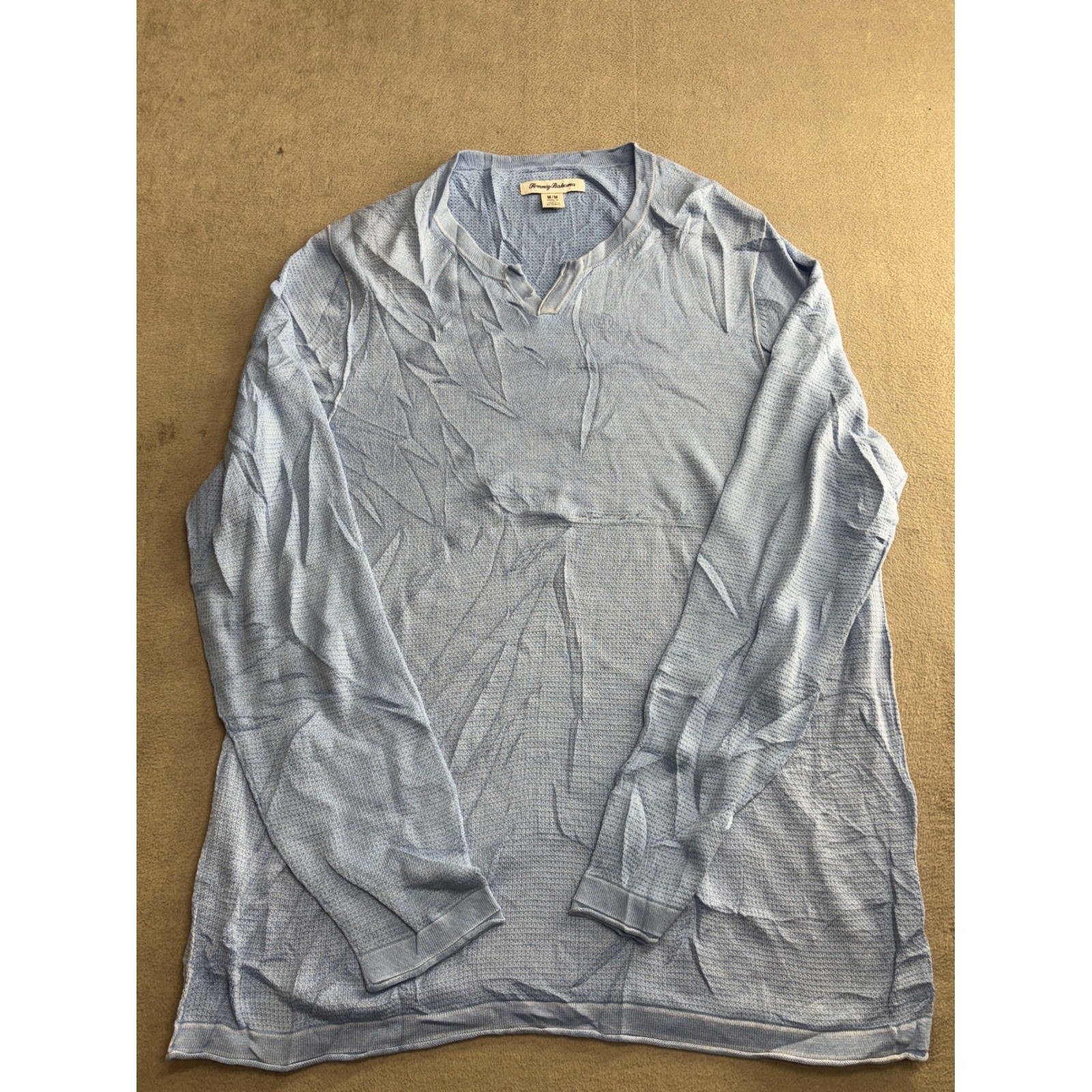 Tommy Bahama Mens Long Sleeve Henley Shirt Blue Textured Knit Size M