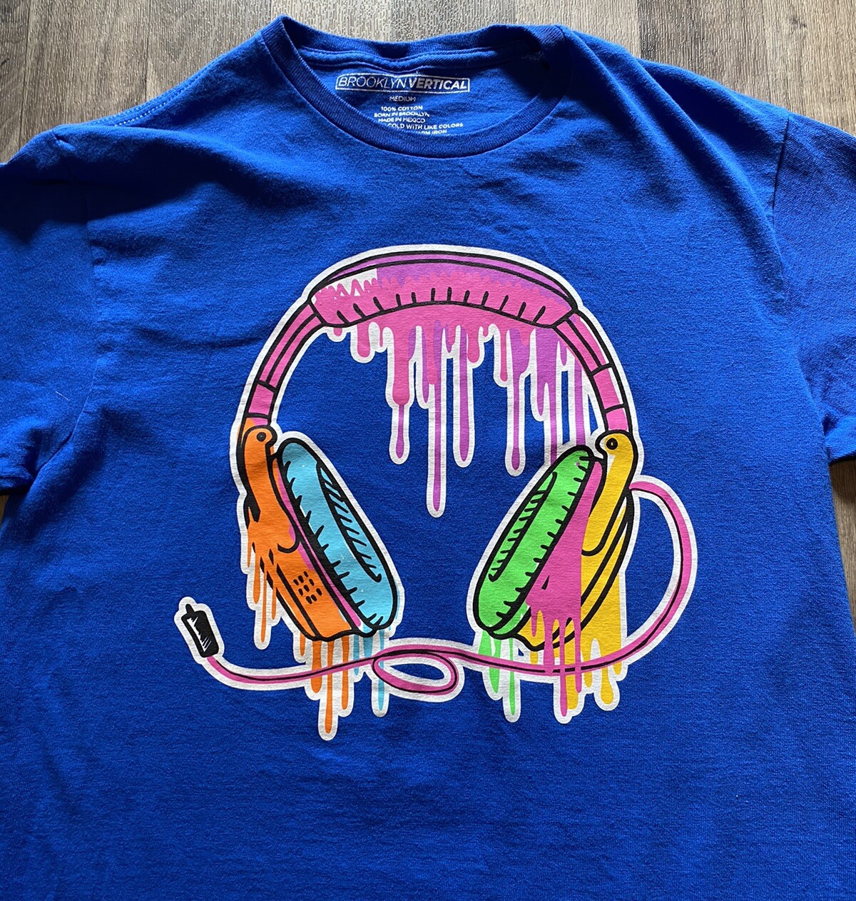 Brooklyn Vertical Tee Shirt Size Medium Streetwear Blue Melted Headphone