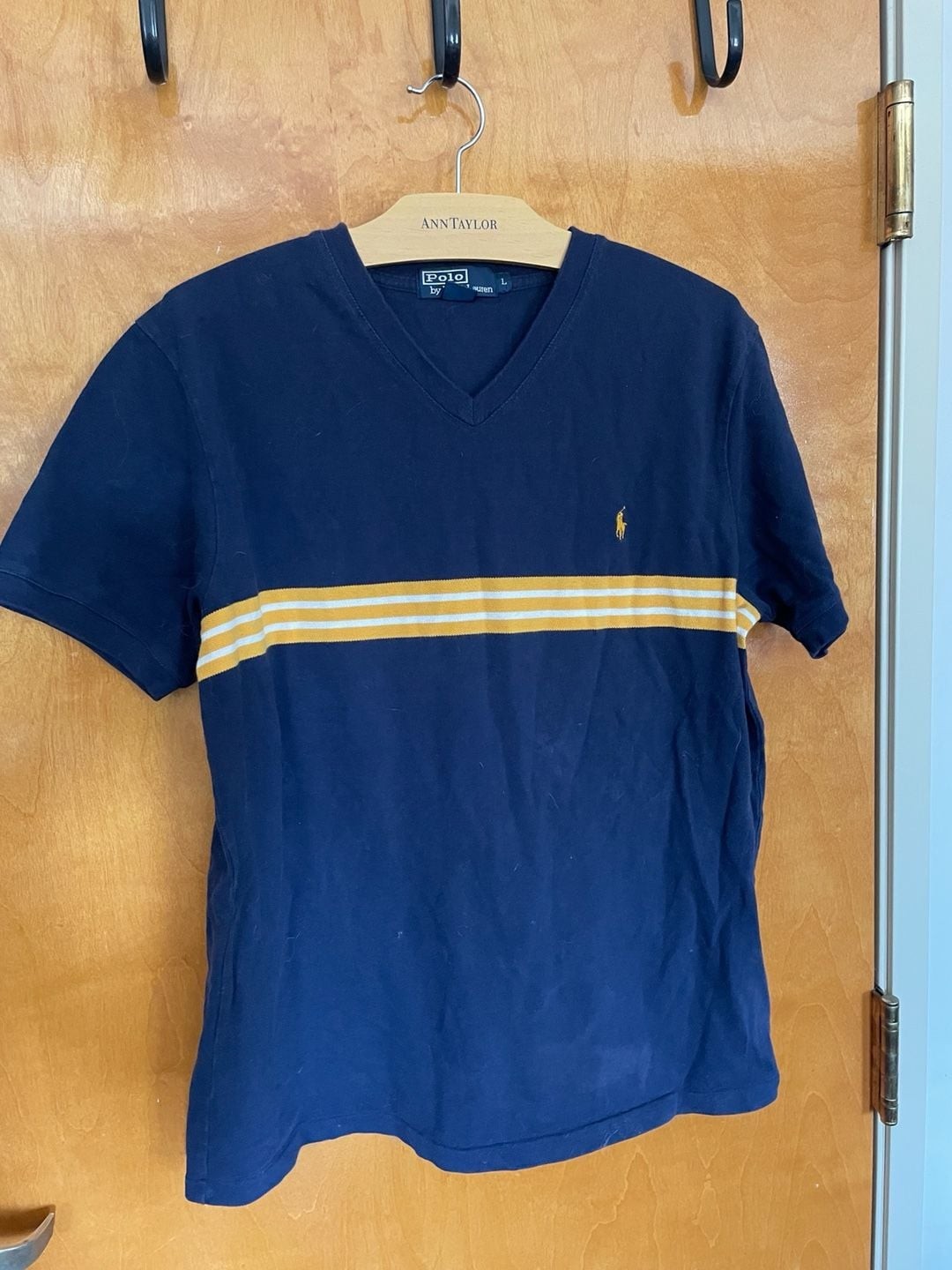Vintage Polo Ralph Lauren Navy Blue V-Neck T-Shirt with Yellow and White Stripes