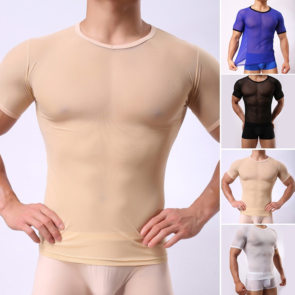 Fit T-Shirt Men Short Sleeve Top Tee Gym Stylish Short Sleeve Mesh Sheer Muscle
