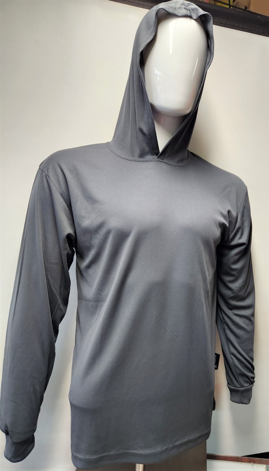 Gray Long Sleeve Shirt With Hoodie, Polyester birdeye mesh fabric