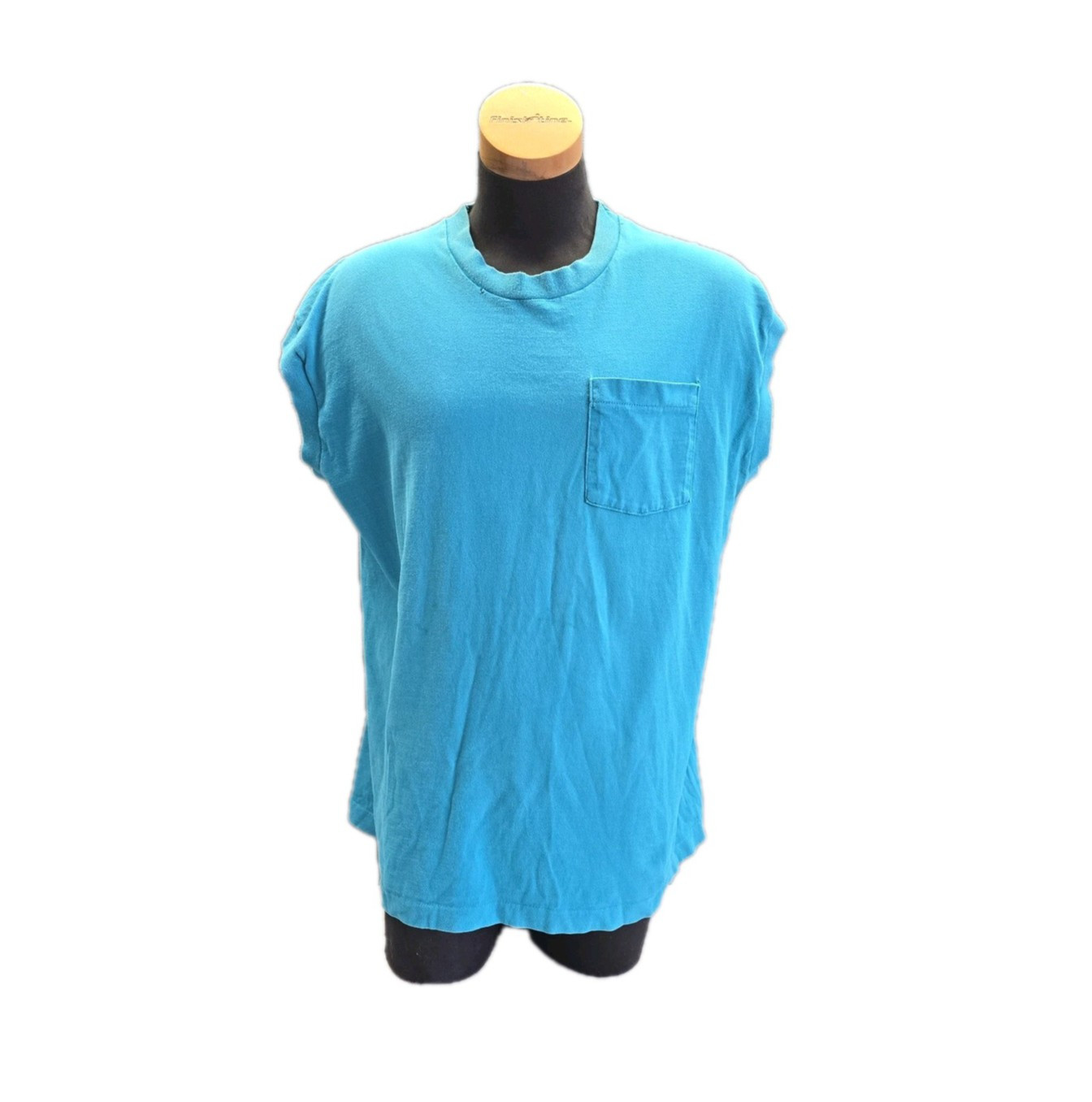 VTG 80s Pocket T Sleeveless Muscle Shirt Blue Teal Single Stitch Thrashed Grunge