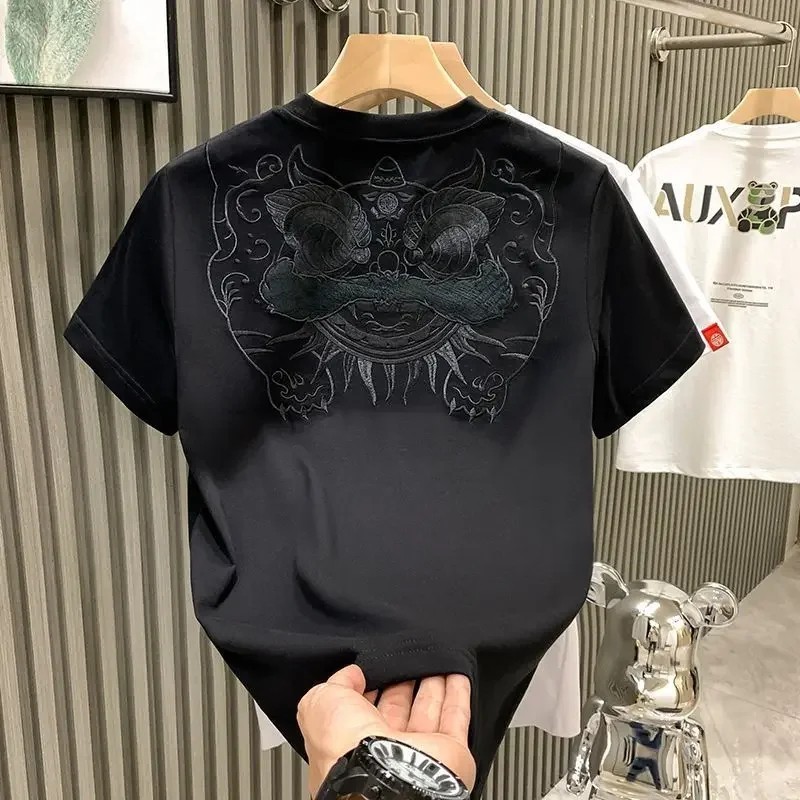 Men’s Luxury Embroidered Lion T-Shirt Short Sleeve Casual Slim Fit Crew Neck Top