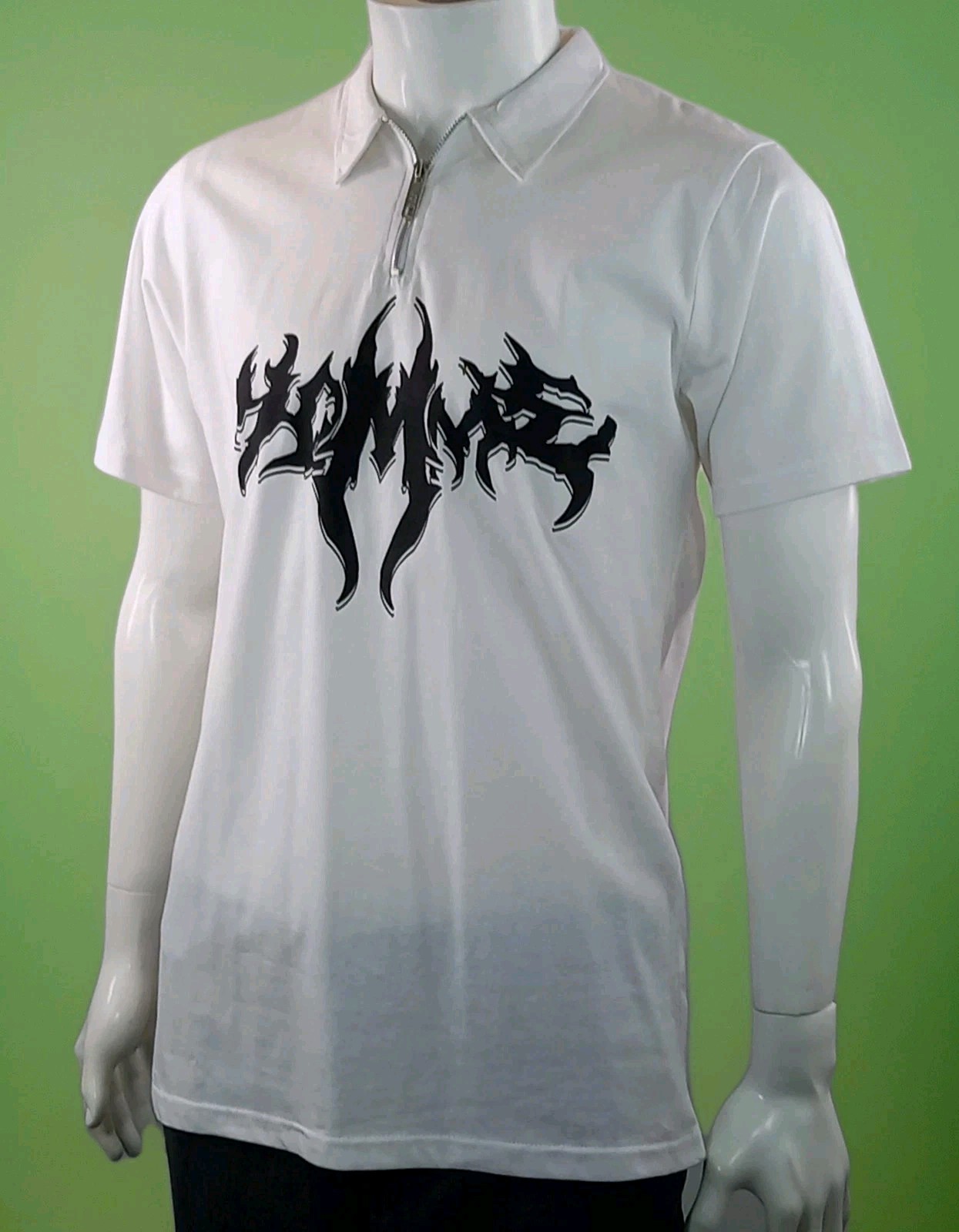 Boohoo Man White Slim Zip Polo Shirt NEW Black Dragon ? Print Large 100% Cotton