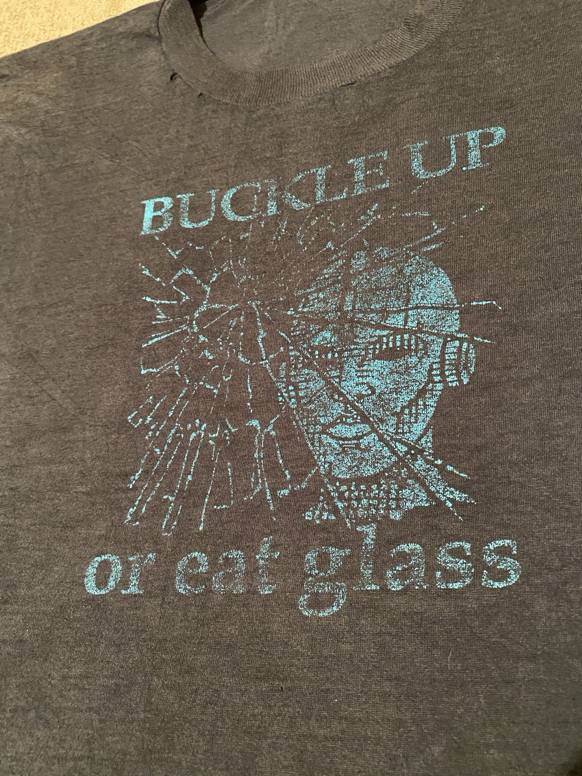 Vintage 1980s Buckle Up or Eat Glass Crash T Shirt men’s large Distressed