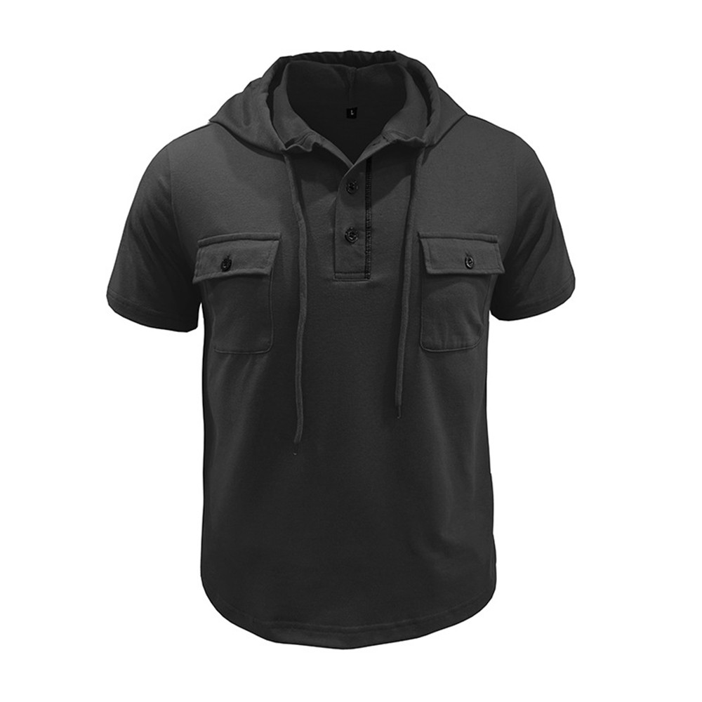 Men Short Sleeve Solid Hooded T-Shirt Tops Drawstring Casual Loose Blouse Shirt