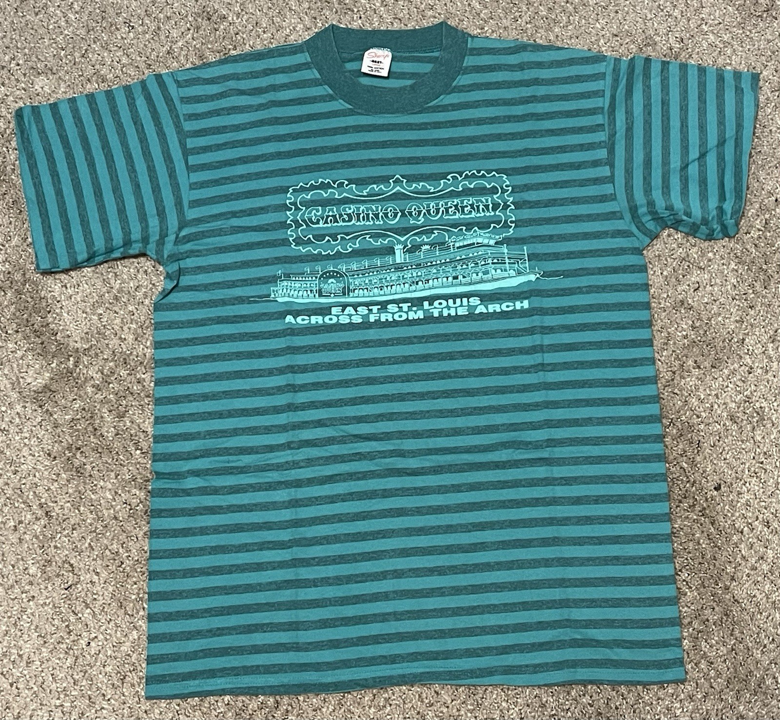 Sherry’s Best Casino Queen East St. Louis Striped Graphic T-Shirt Teal Gray L