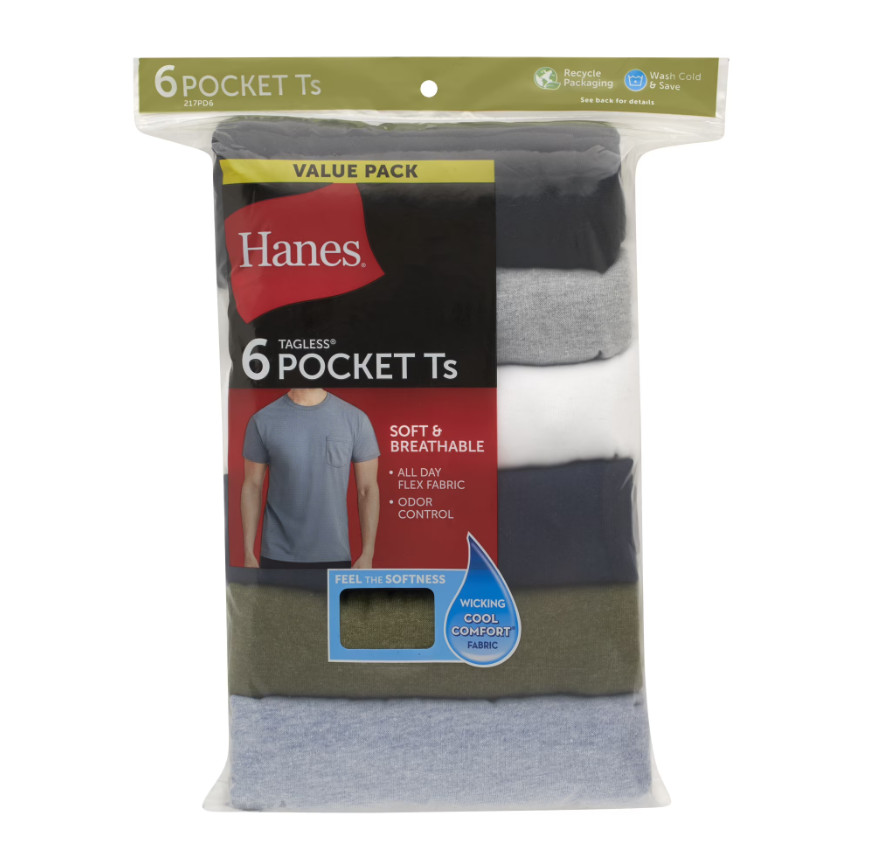 Hanes 6-Pack Pocket Tee Men’s T-Shirt Soft and Breathable Assorted