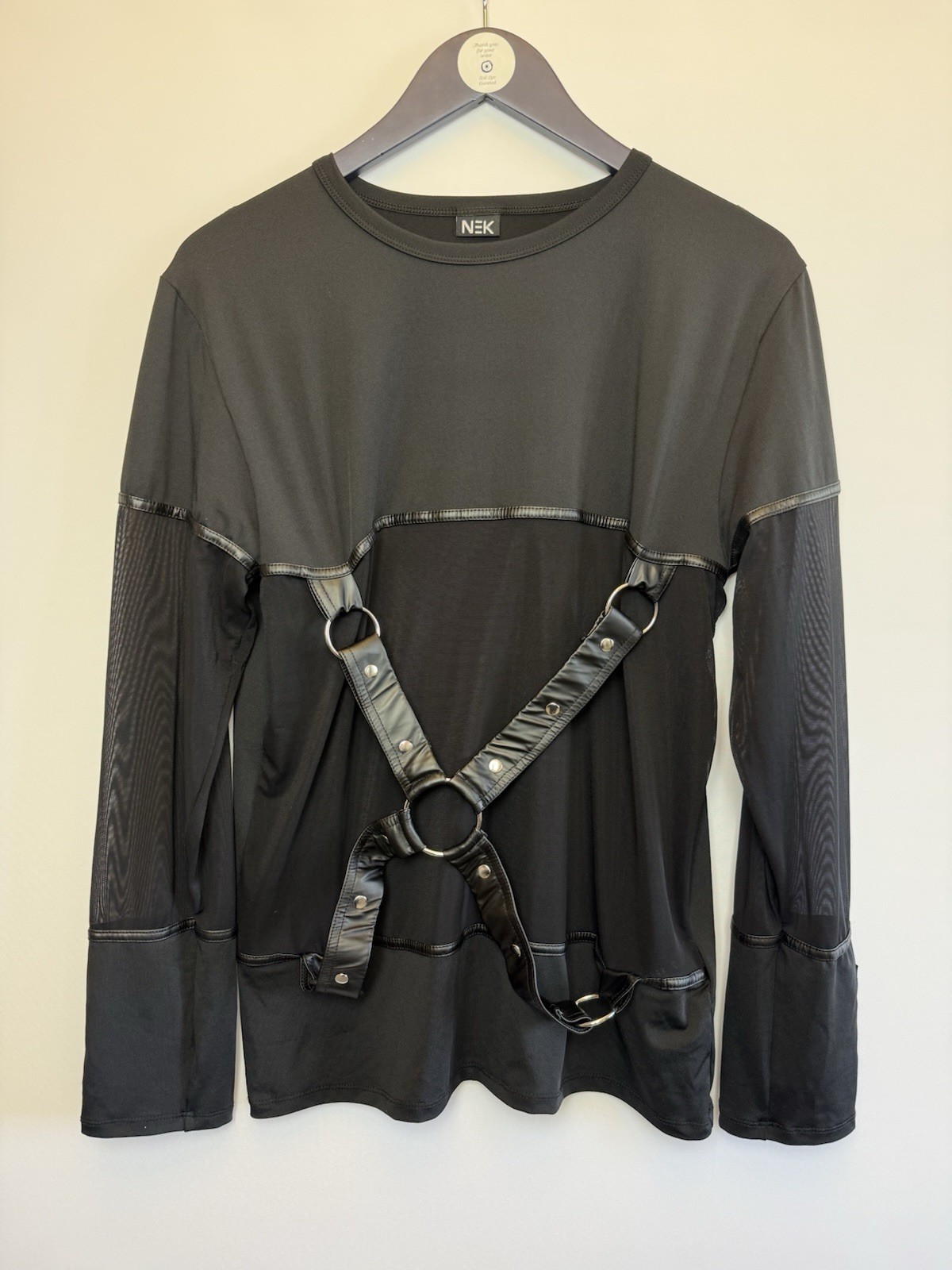 NEK Men’s Harness Top Size Large Black Long Sleeve Mesh Erotic