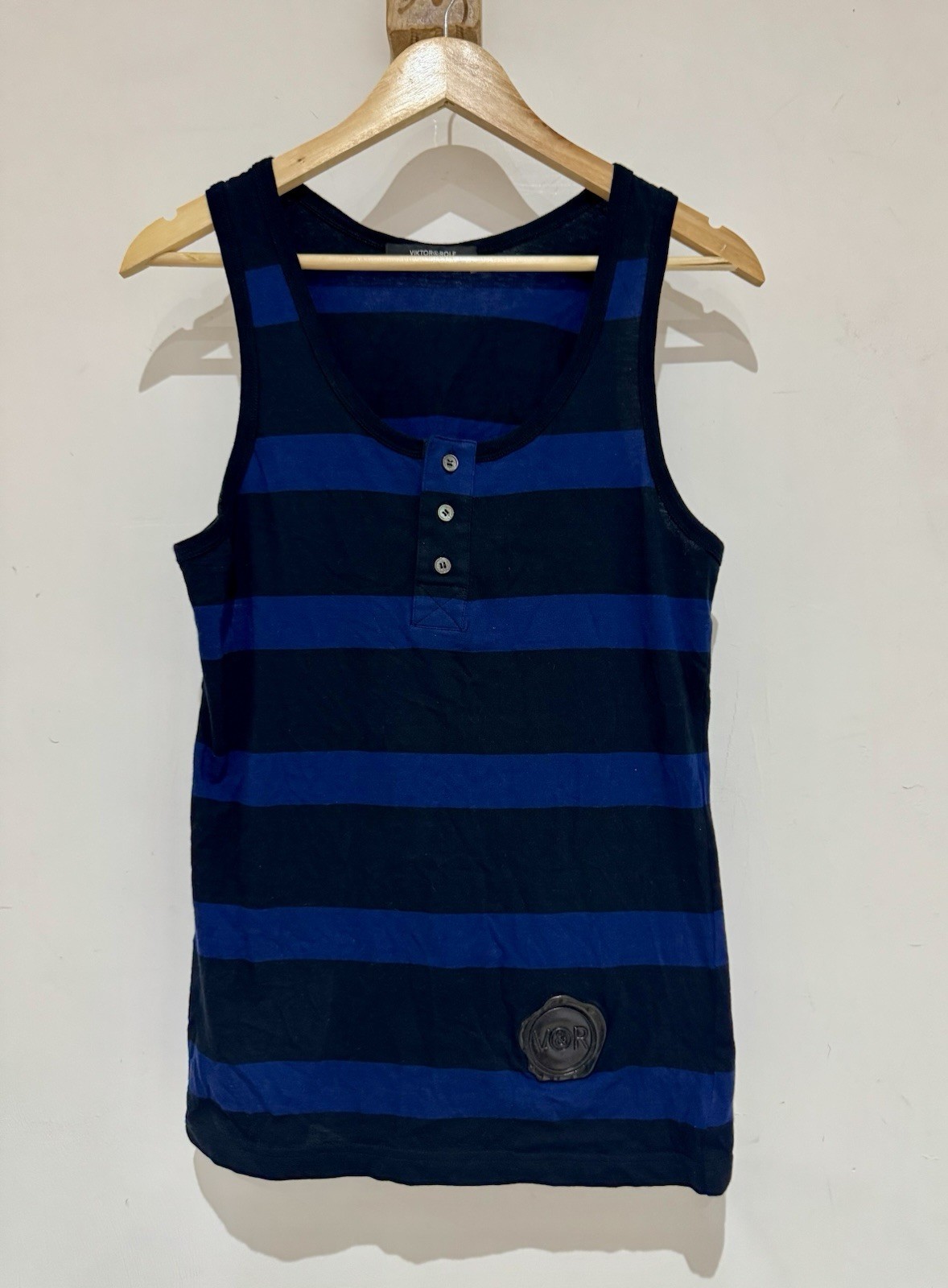Viktor & Rolf Monsieur Men’s Black Blue Striped Hem Logo Jersey Tank Vest Top 48