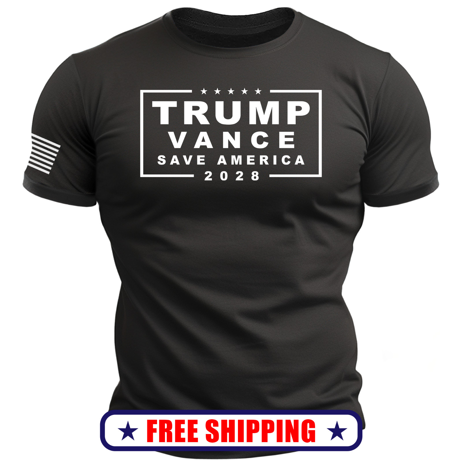 TRUMP VANCE 2028 – Save America T-Shirt USA Flag Sleeve patriot maga 250 S-2XL