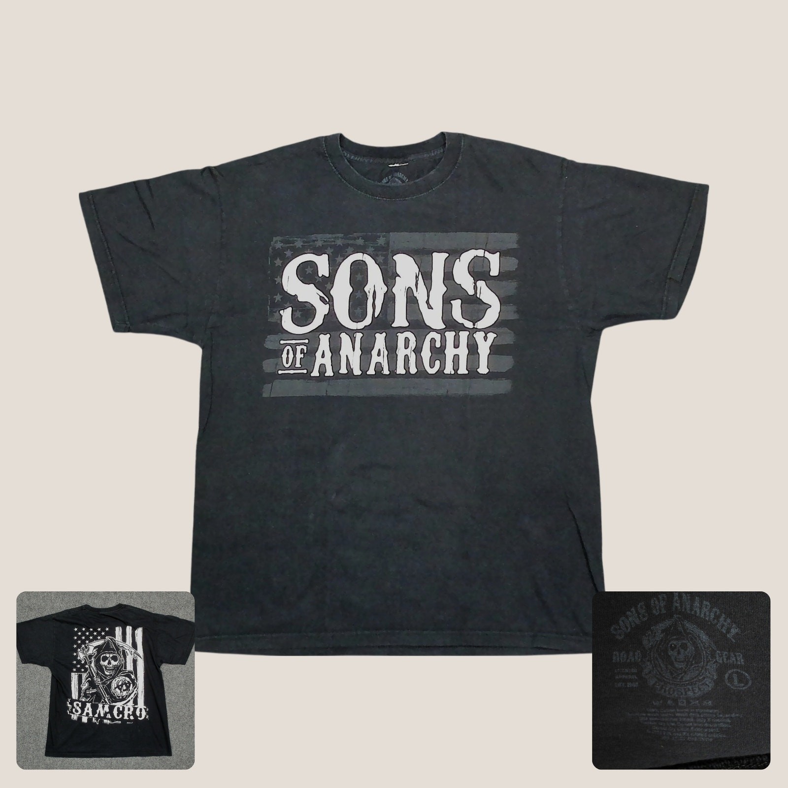 Sons Of Anarchy SAMCRO T-Shirt Mens L Grim Reaper American Flag Biker Grunge