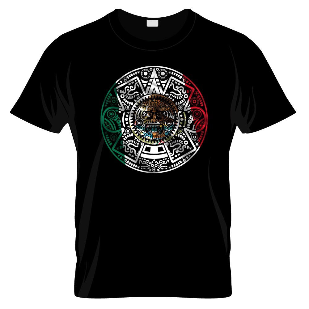 Aztec Calendar Mexican Flag Graphic T Shirt Black 100% Cotton