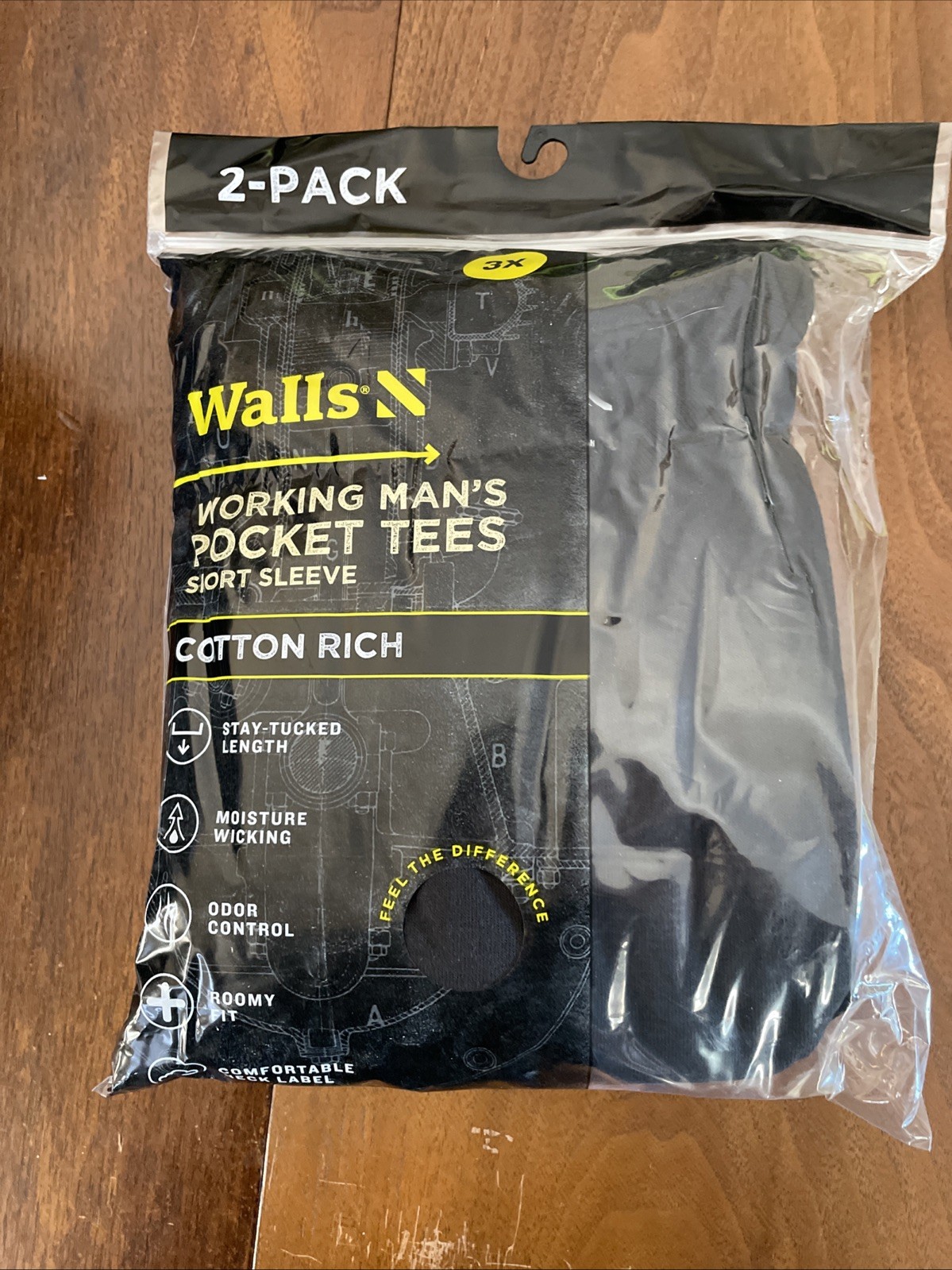 Walls Short Sleeve Working Man’s Pocket Tees 3XL Black 2 Pack New In Pkg