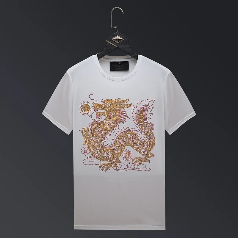 New Men Luxury Rhinestones Dragon Fashion Black White Red T-Shirt High Quality