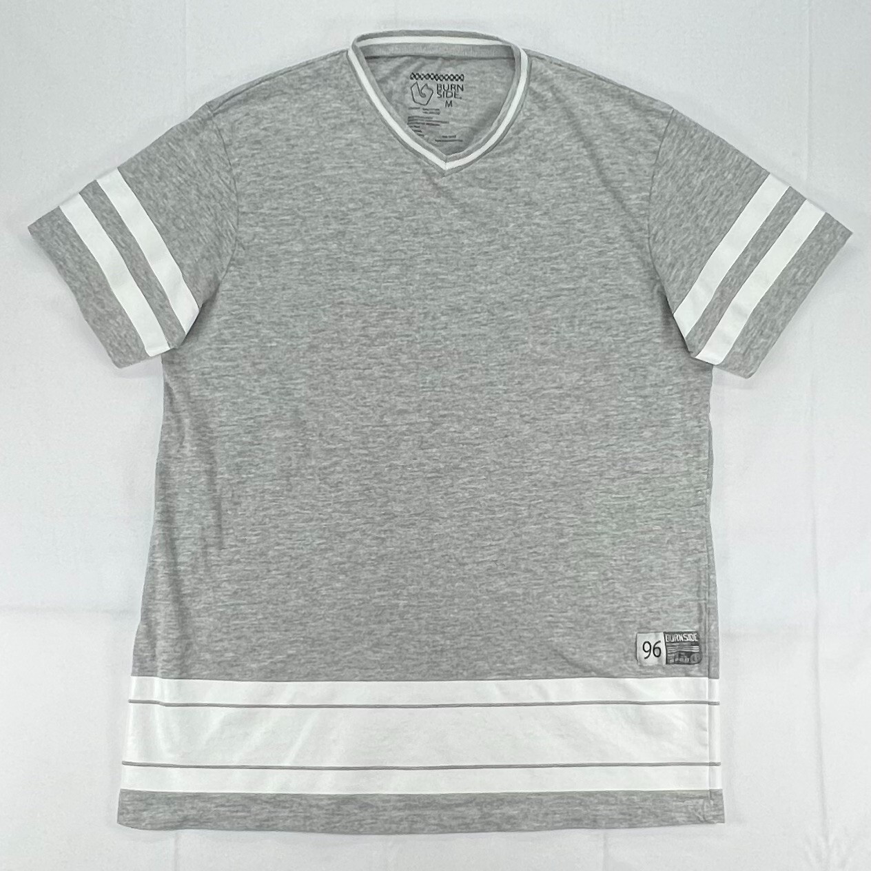 Burnside 96 T-Shirt Mens Medium Gray with White HTV Stripes Stretch For Comfort
