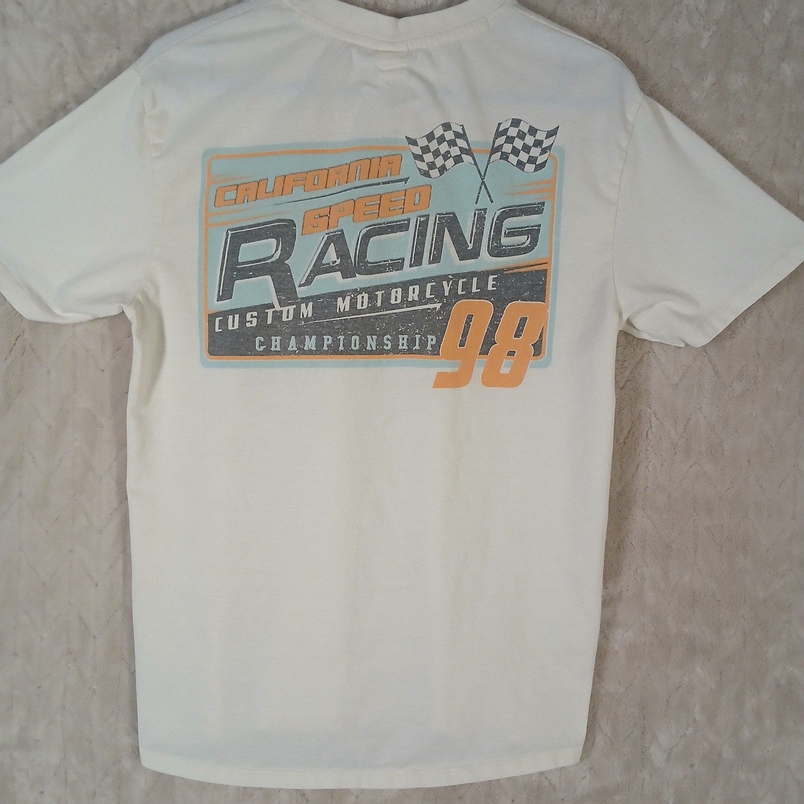 Recycled Threads Men L California Speed Racing T-Shirt Cream 90s Style Retro