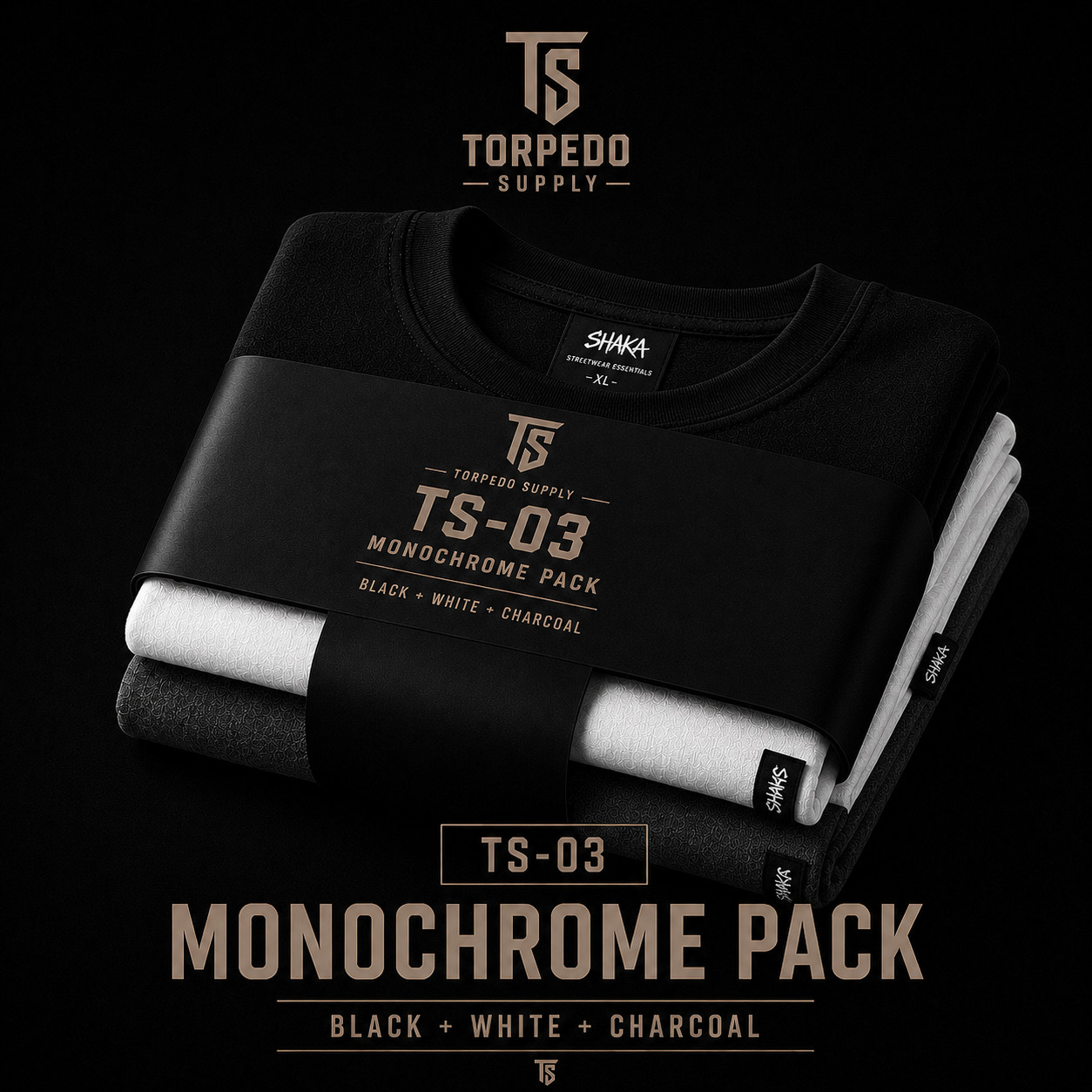 Shaka Wear 7.5 oz Heavyweight 3-Pack Black White Charcoal | TS-03 Mono