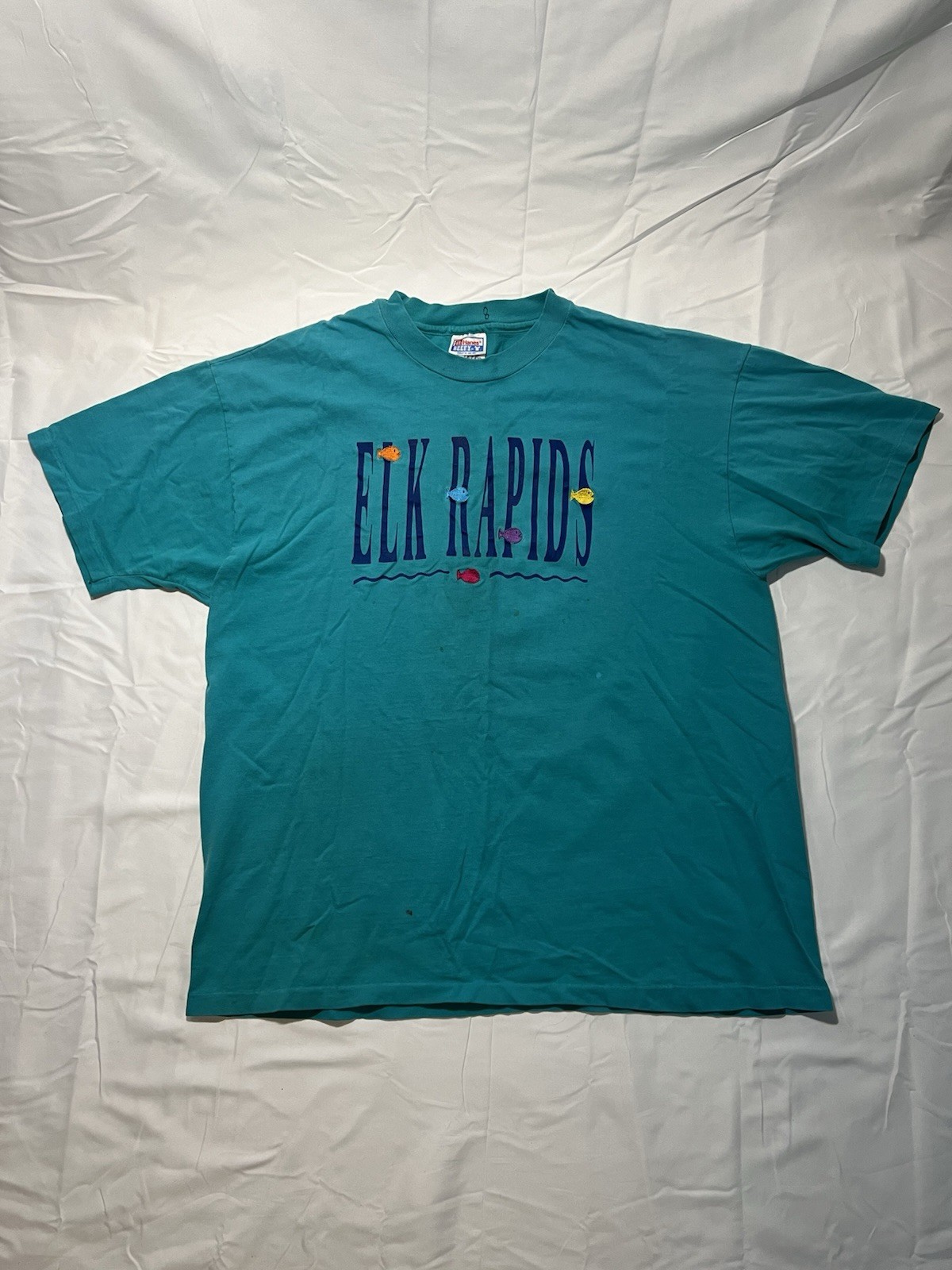 Distressed VTG 90s Single Stitch Made In USA Elk Rapids MI Fish T Shirt Teal XL