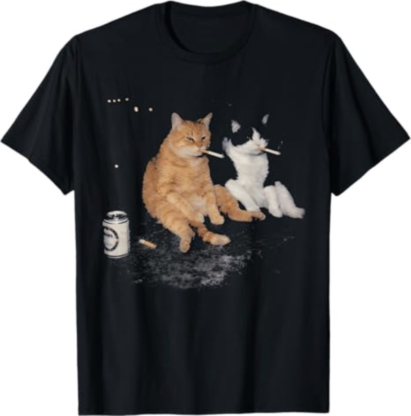 Funny 2 Smoking Cats Drinking Beer Smoking Kitten Cat Meme T-Shirt