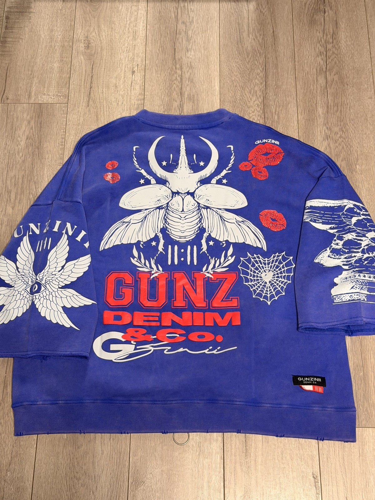 Gunzinii Full Zip Graphic Sweatshirt Blue Beetle Wings Distressed NWT Size Large