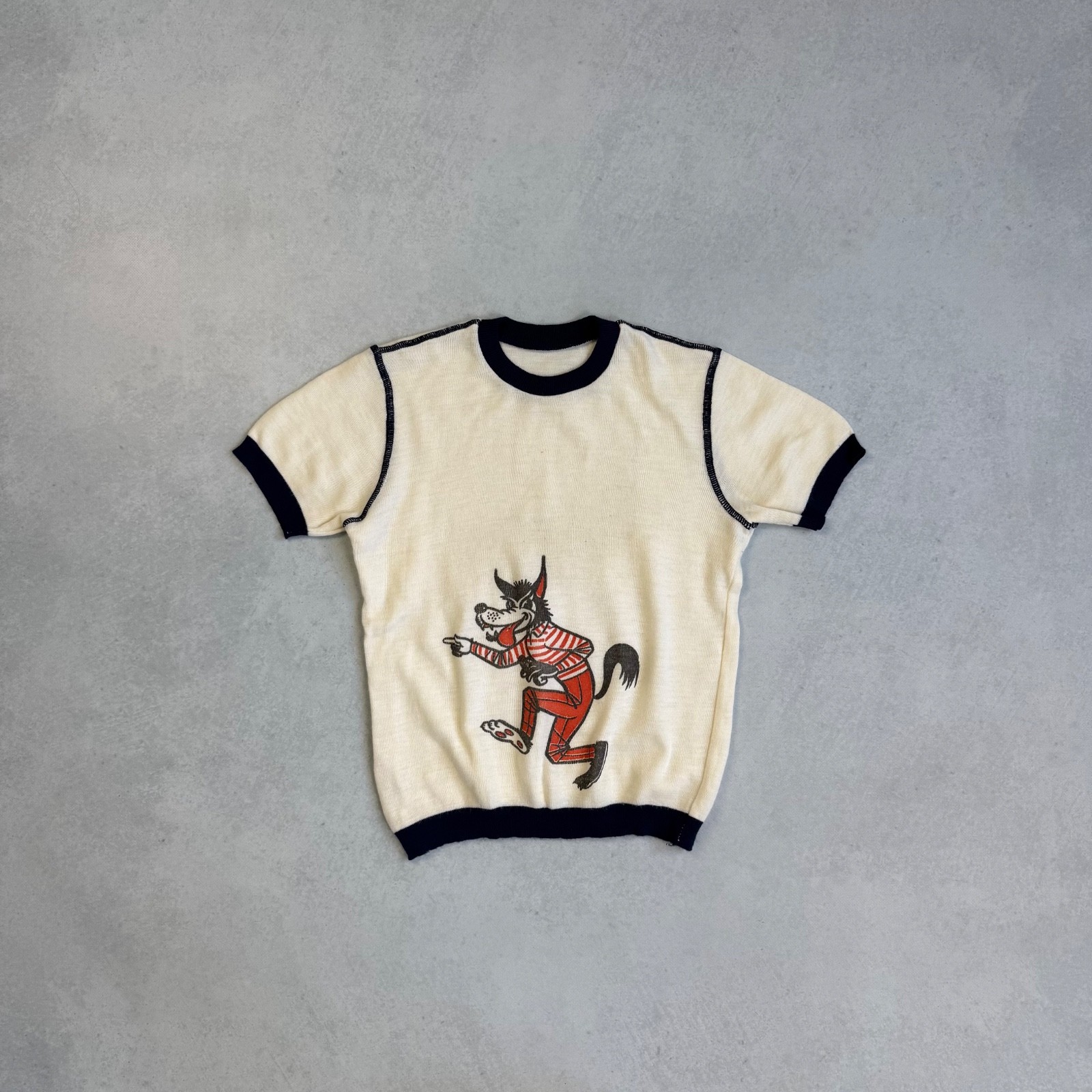 VINTAGE 60’s ACKERMANN BIG BAD WOLF CARTOON ACRYLIC KNIT TEE T-SHIRT YOUTH 164CM