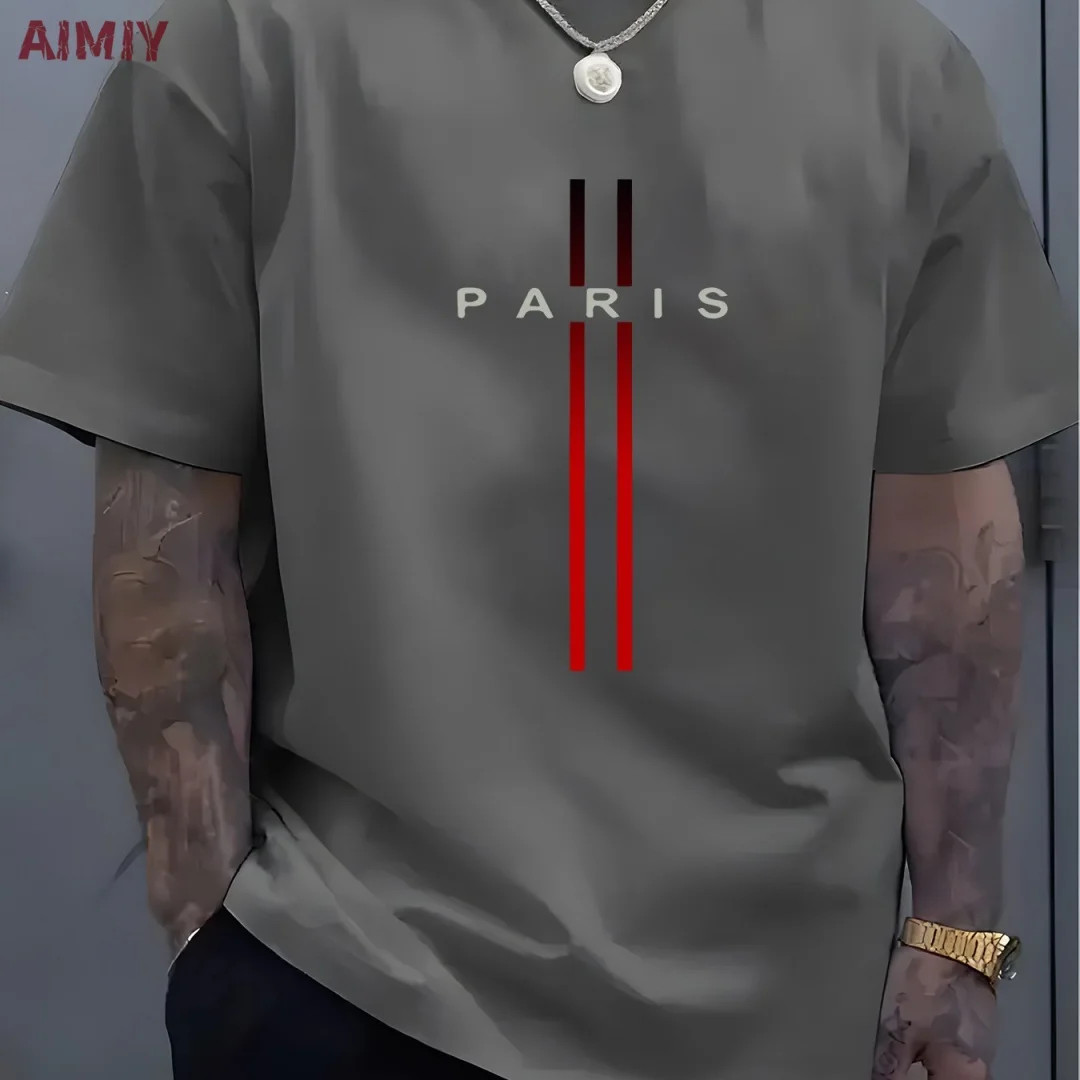 Summer Men’s T-shirt Top Casual Loose Fit Oversized T-shirt PARI Letter Pattern