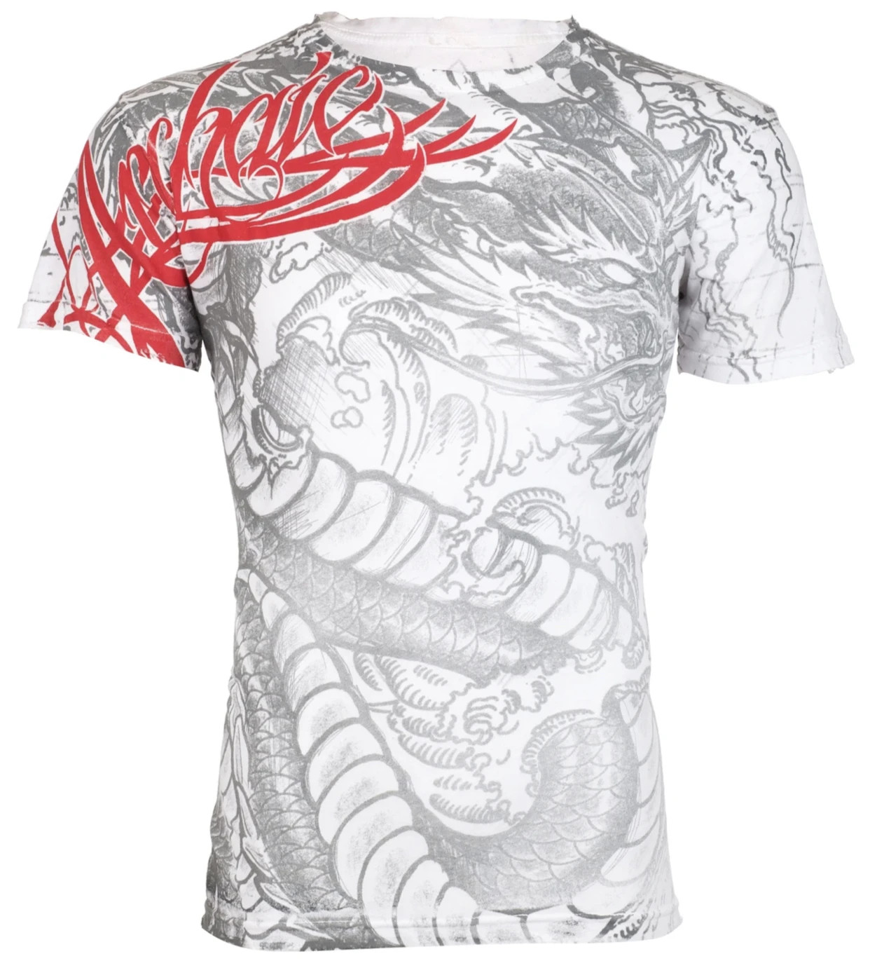 Archaic By Affliction Men’s T-Shirt Dragon Rage Wings White Biker M-3XL