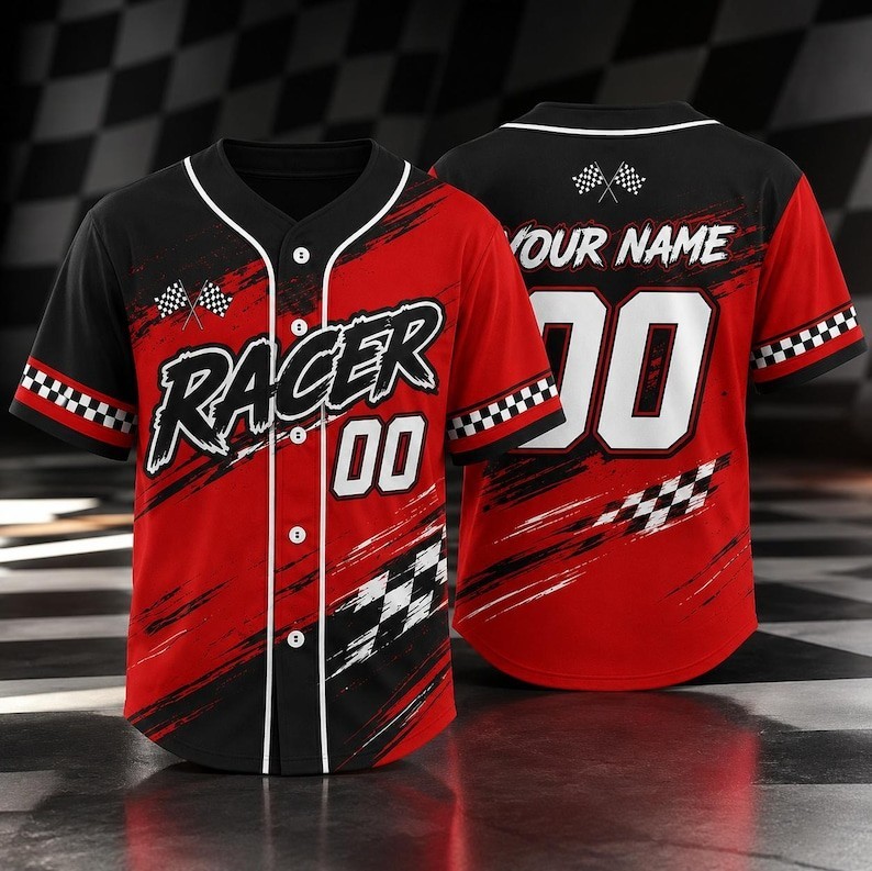 Custom Racing Flag Red Black Checkered Baseball Jersey Name Number