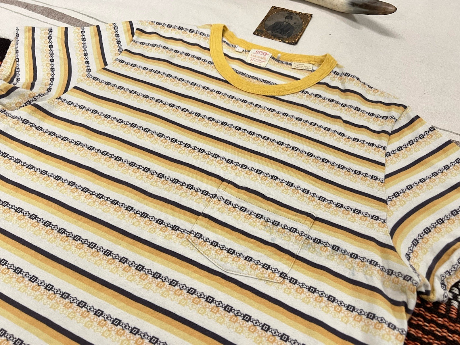 LVC T-Shirt L Levi’s Vintage Clothing Casuals Yellow Ringer Fancy Stripe Rare