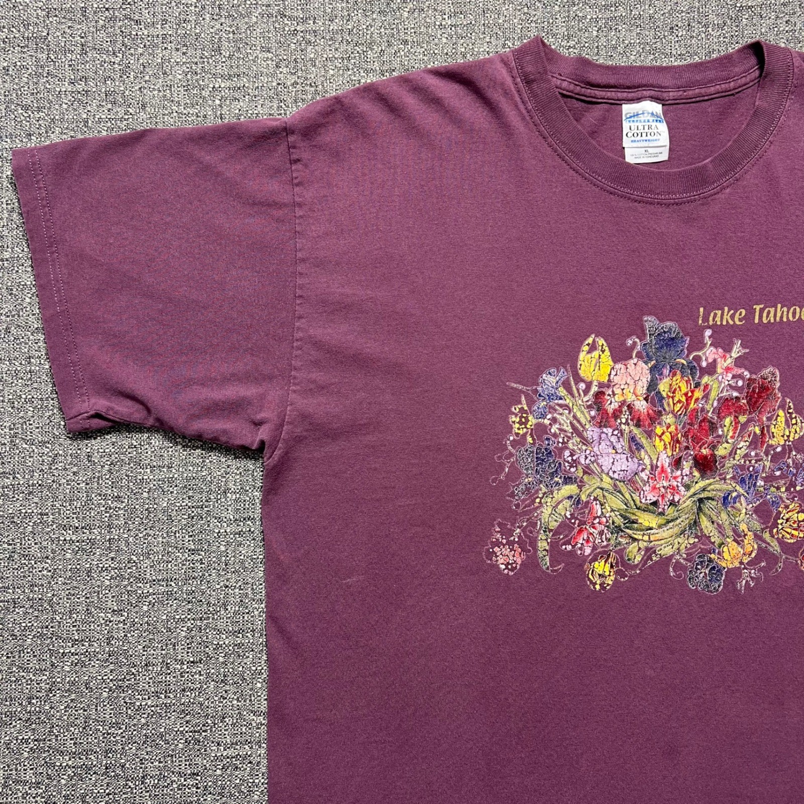 Vintage 90s Lake Tahoe Souvenir T Shirt Mens XL Burgundy Floral Graphic Cotton