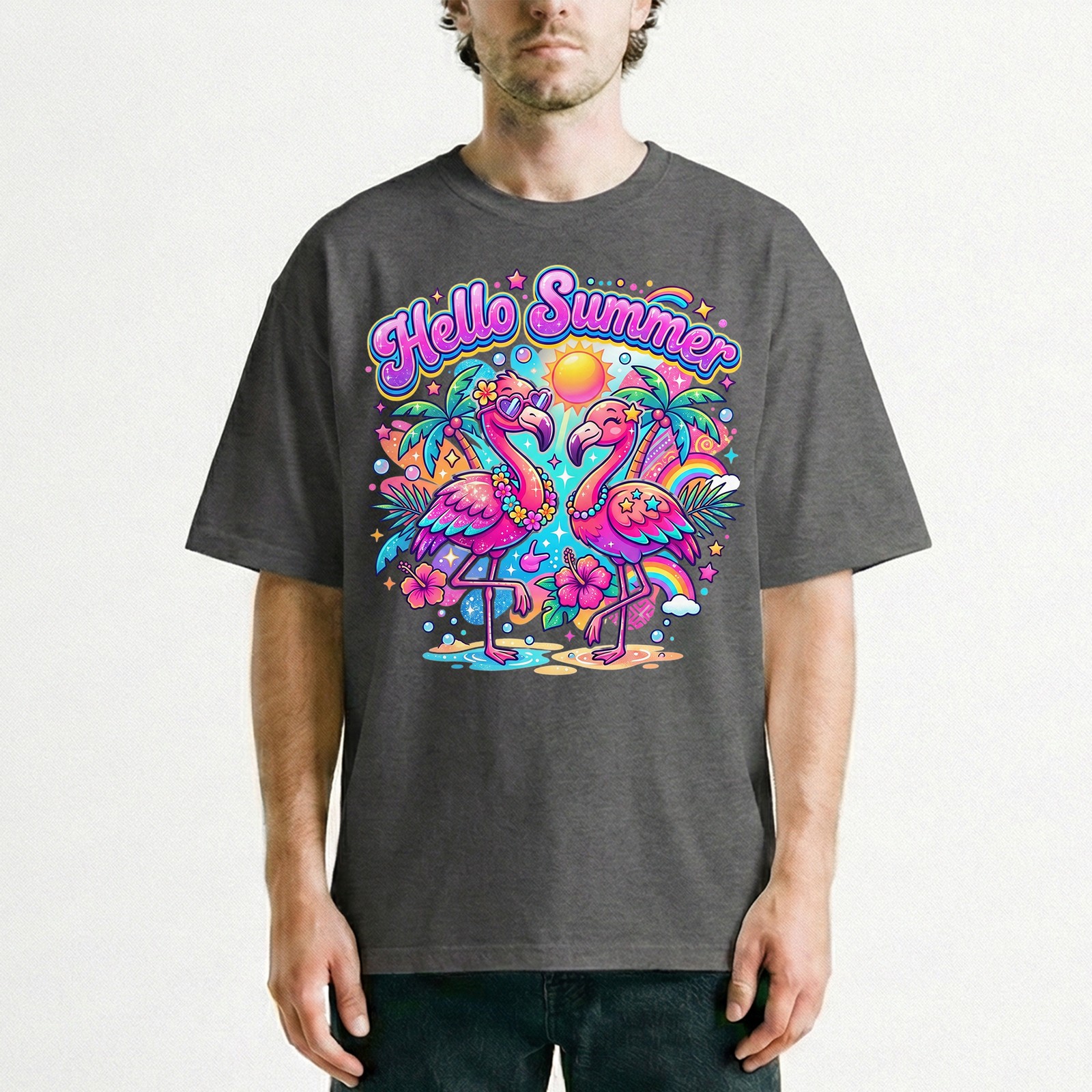 Hello Summer Tropical Flamingo T-Shirt Retro Neon Beach Vacation Holiday Tee