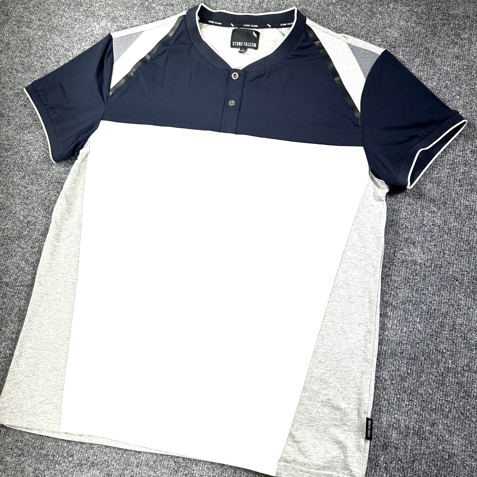 Stone Falcon Shirt Men’s Large Navy Gray Henley Blade Collar Stretch Casual Golf